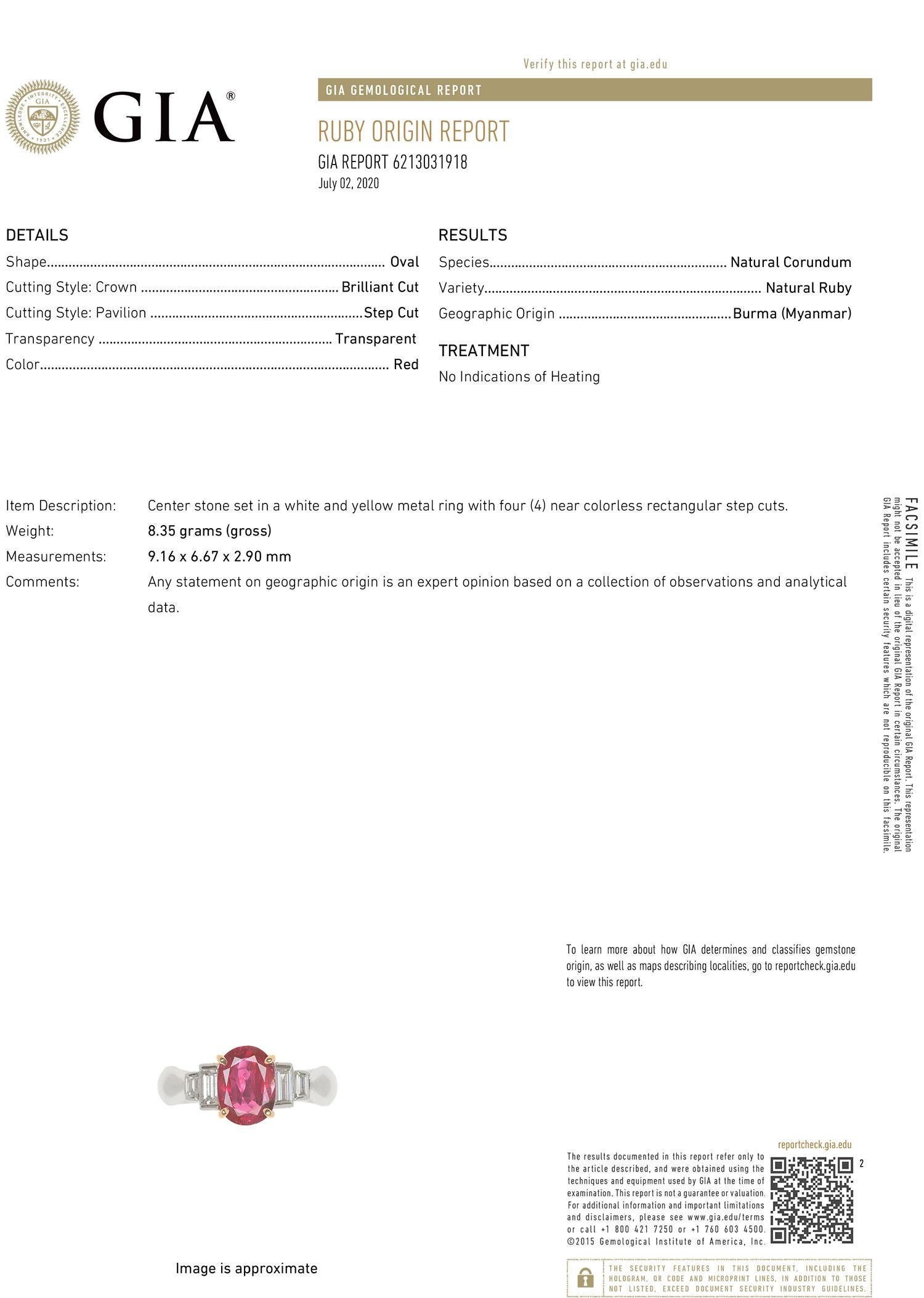 Burmese Ruby Diamond Platinum Ring, GIA Certified Unheated For Sale 1