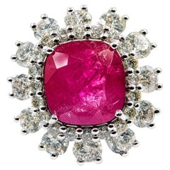 Burmese Ruby & Diamond Sunburst Halo Ring in Platinum