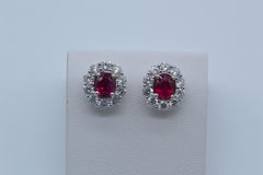 Burmese Ruby & Diamonds Earrings & Rings Set in 18K White Gold 4.12 Cts Unworn