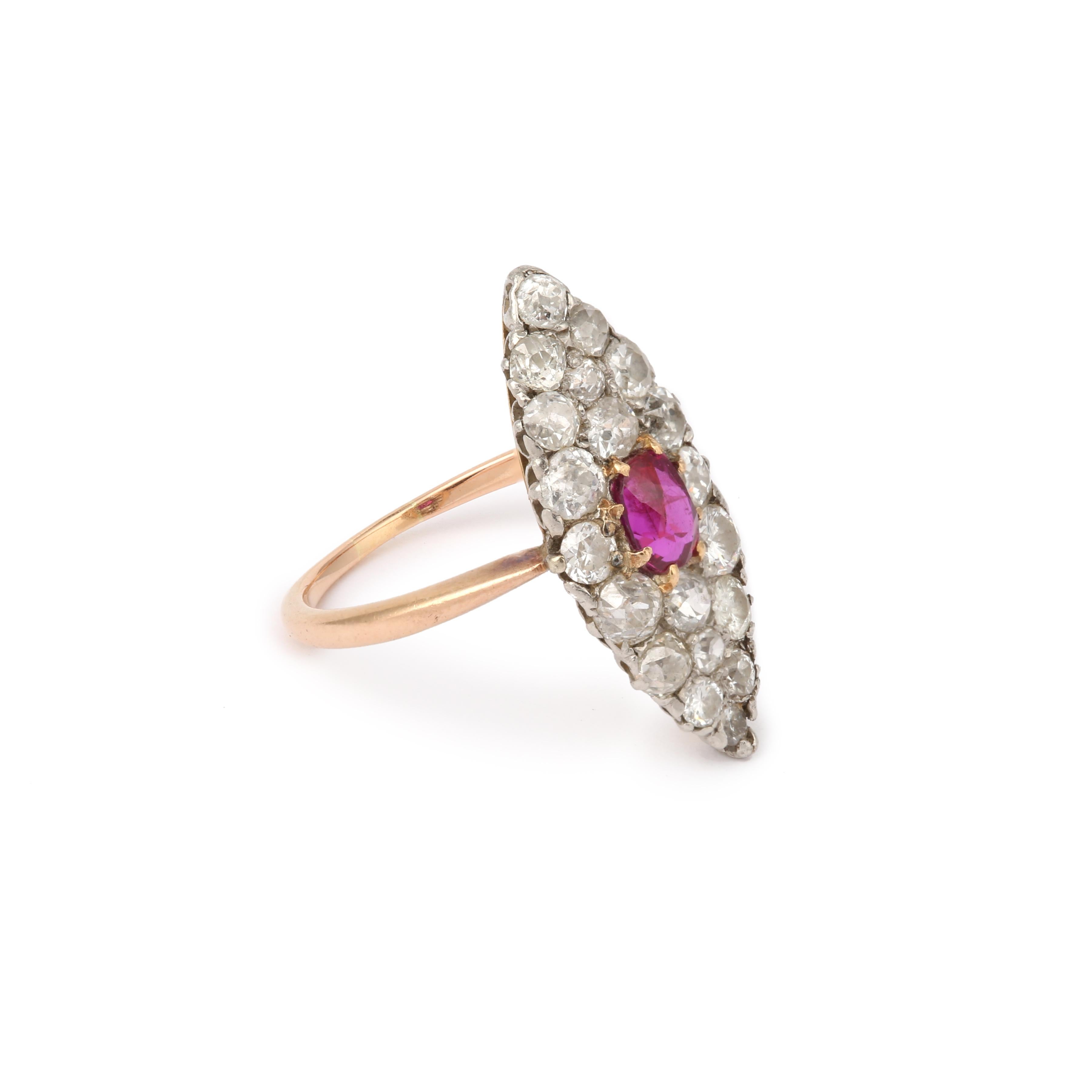 Yellow gold and platinum marquise ring centred by a Burmese ruby and paved with old-cut diamonds.

Estimated weight of ruby : 0.50 carats

Estimated total weight of diamonds: 1.7 carats

Dimensions : 24.09 x 10.63 x 4.68 mm (0.948 x 0.418 x 0.185
