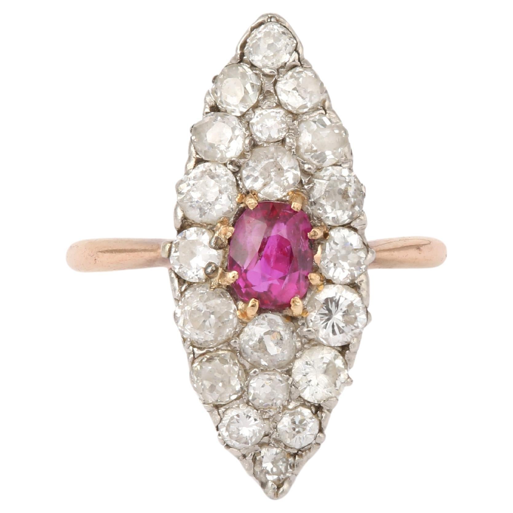 Burmese Ruby Diamonds Platinum 18 Carat Yellow Gold Marquise Ring For Sale