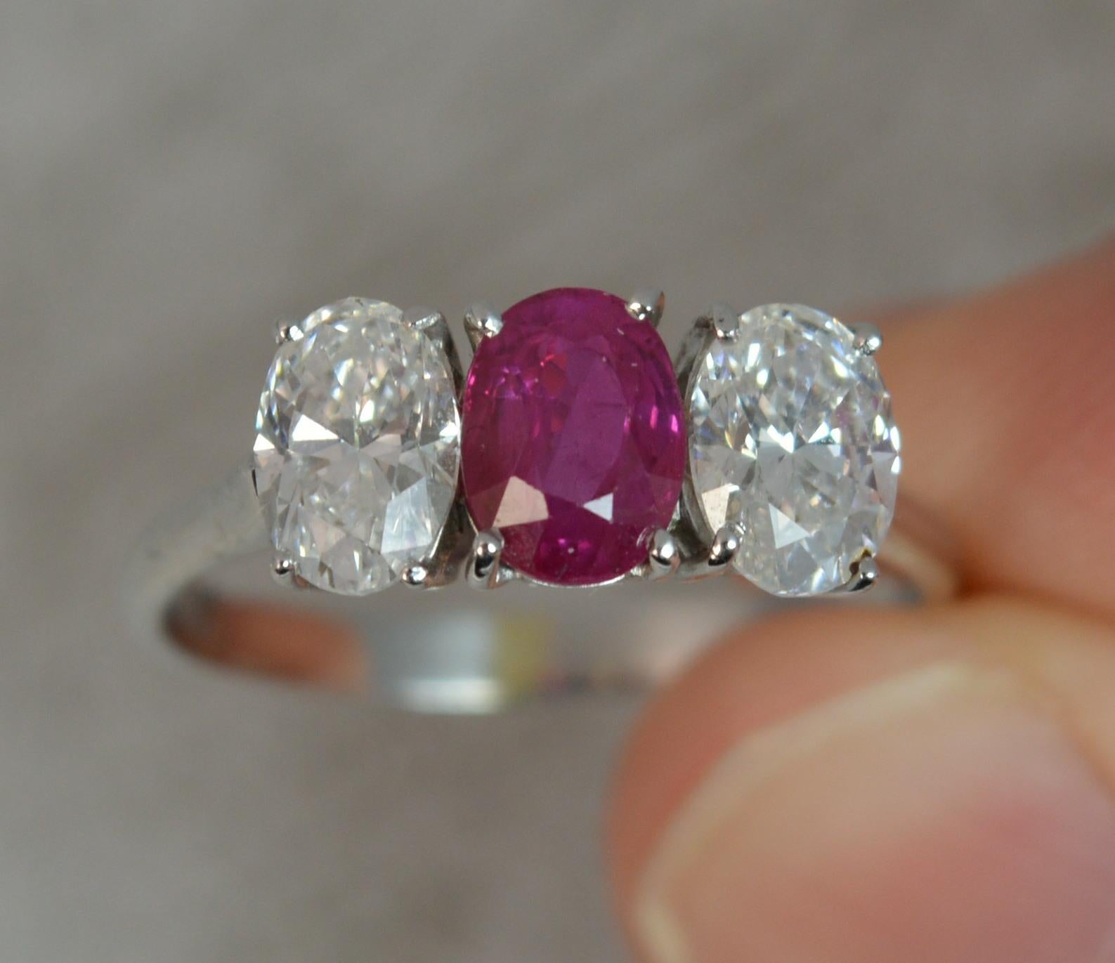 Burmese Ruby Vs 1.2 Carat Diamond 18 Carat White Gold Trilogy Ring In Excellent Condition In St Helens, GB