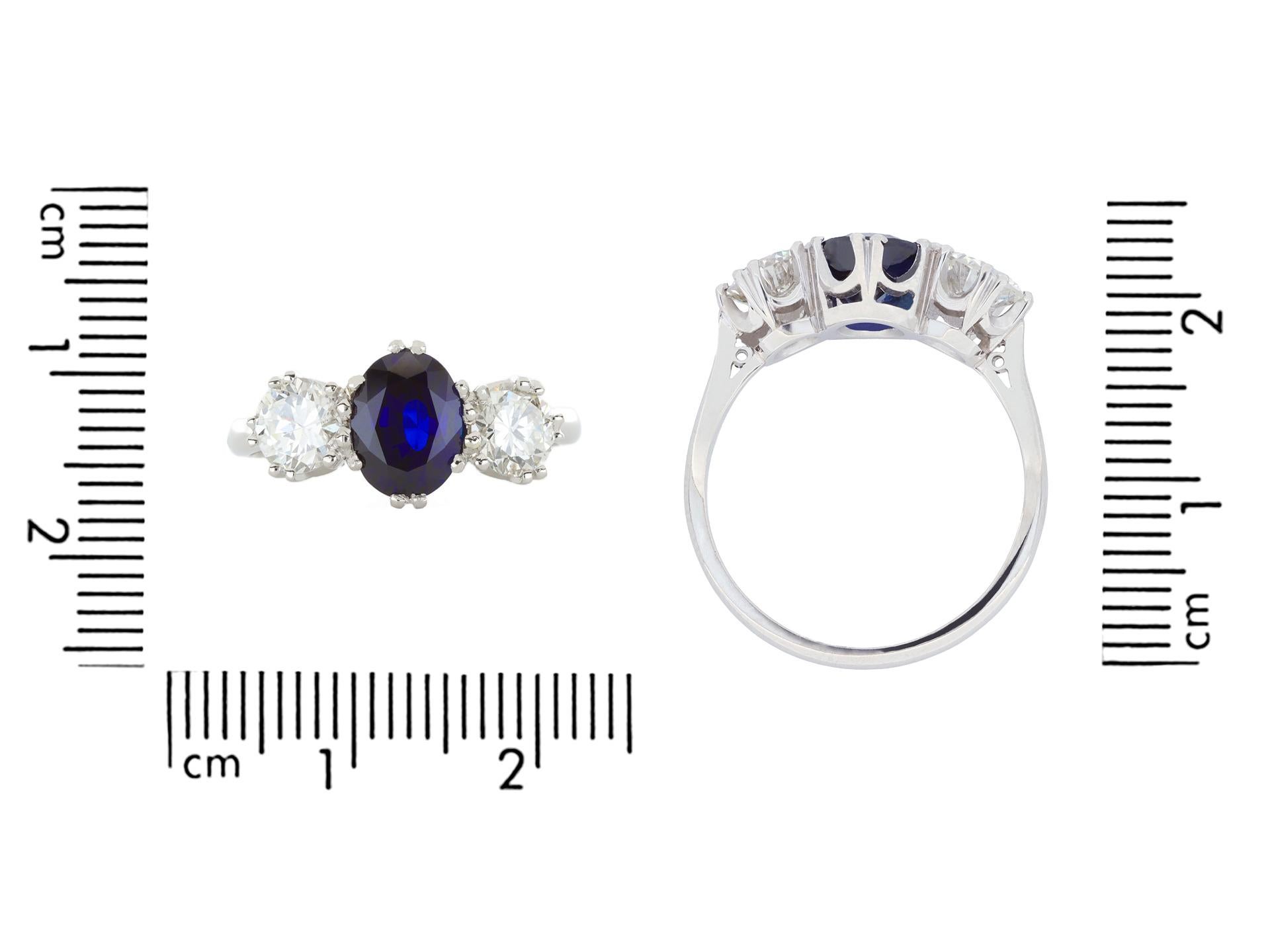 Burmese sapphire and diamond three stone ring, circa 1950.  In Good Condition For Sale In London, GB