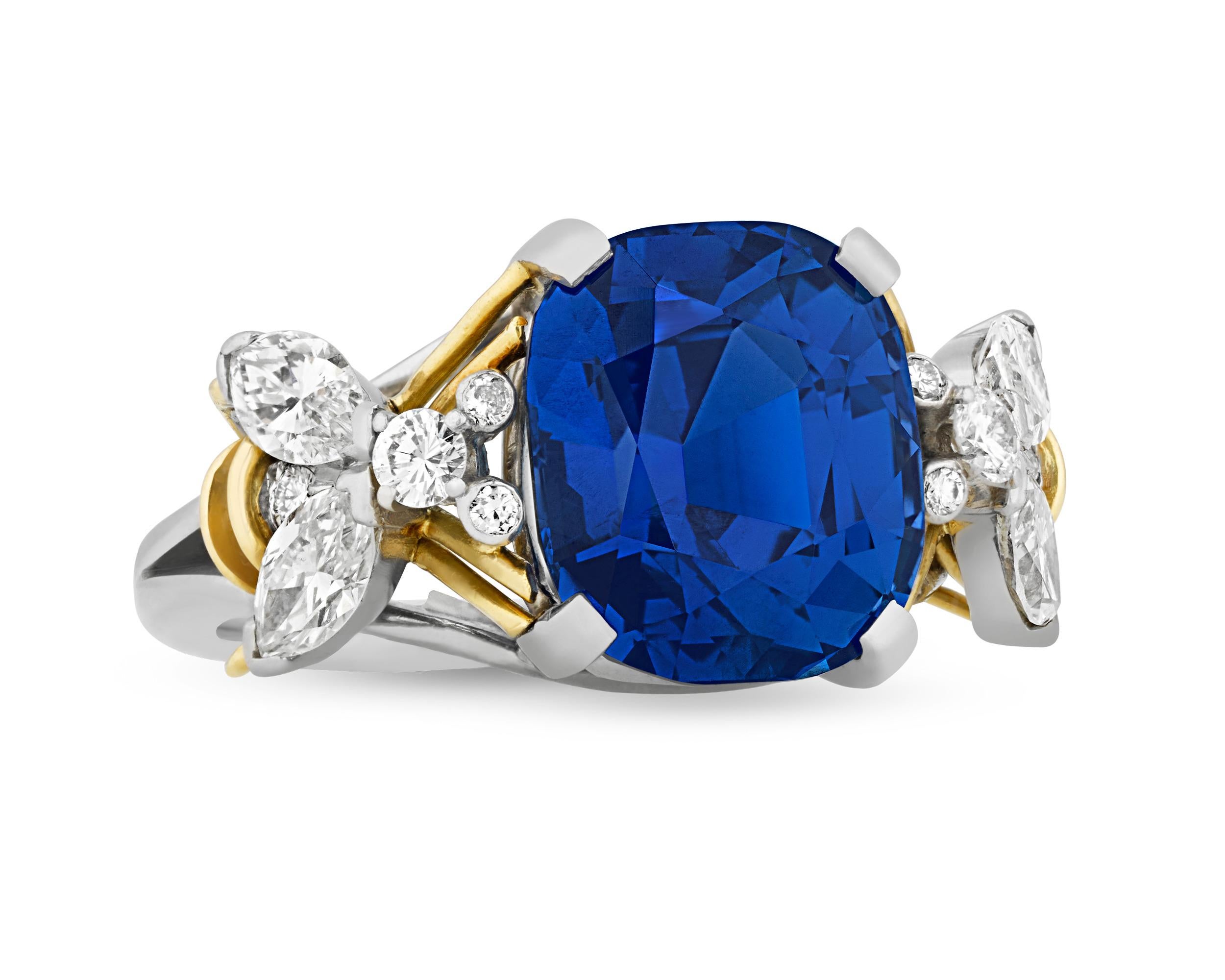 Displaying a luxurious deep blue hue, this ring from the famed firm Tiffany and Co. features an 8.37-carat sapphire. Certified by GemResearch Swisslabs as being Burmese in origin, the colored gemstone displays the prized 