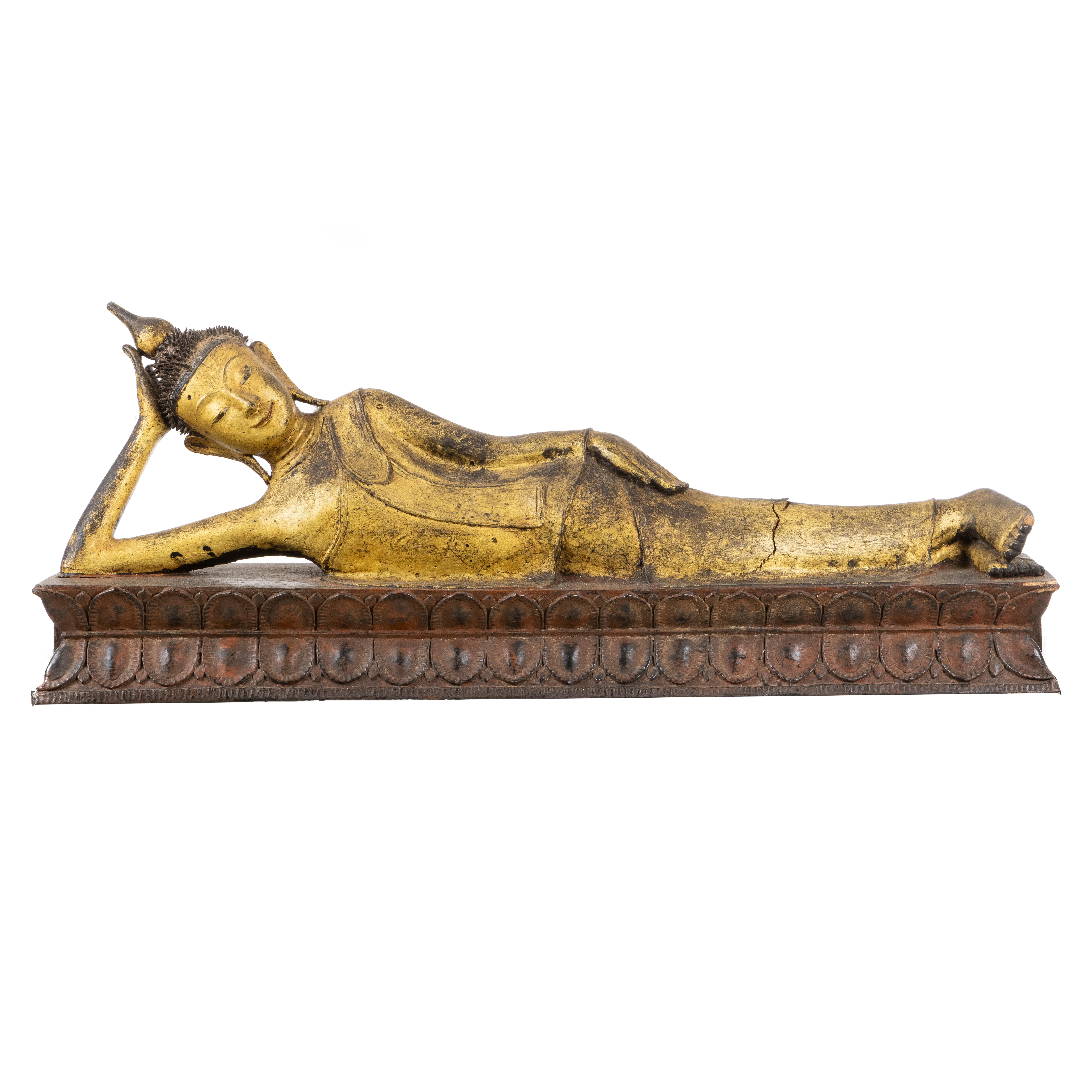 A fine Burmese, Shan, 19thC Parinirvâna gilt lacquered Buddha very well carved in reclining position.