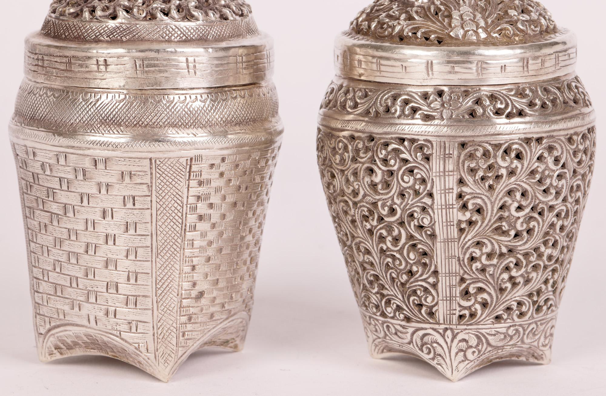 Burmese Silver Basket Shape Lidded Containers In Good Condition In Bishop's Stortford, Hertfordshire