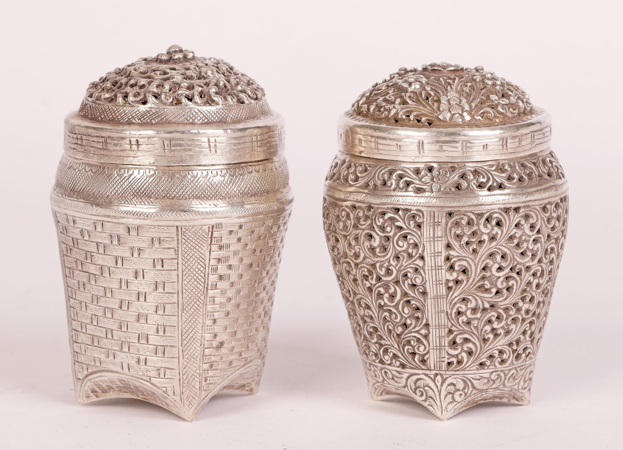 19th Century Burmese Silver Basket Shape Lidded Containers