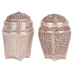 Burmese Silver Basket Shape Lidded Containers