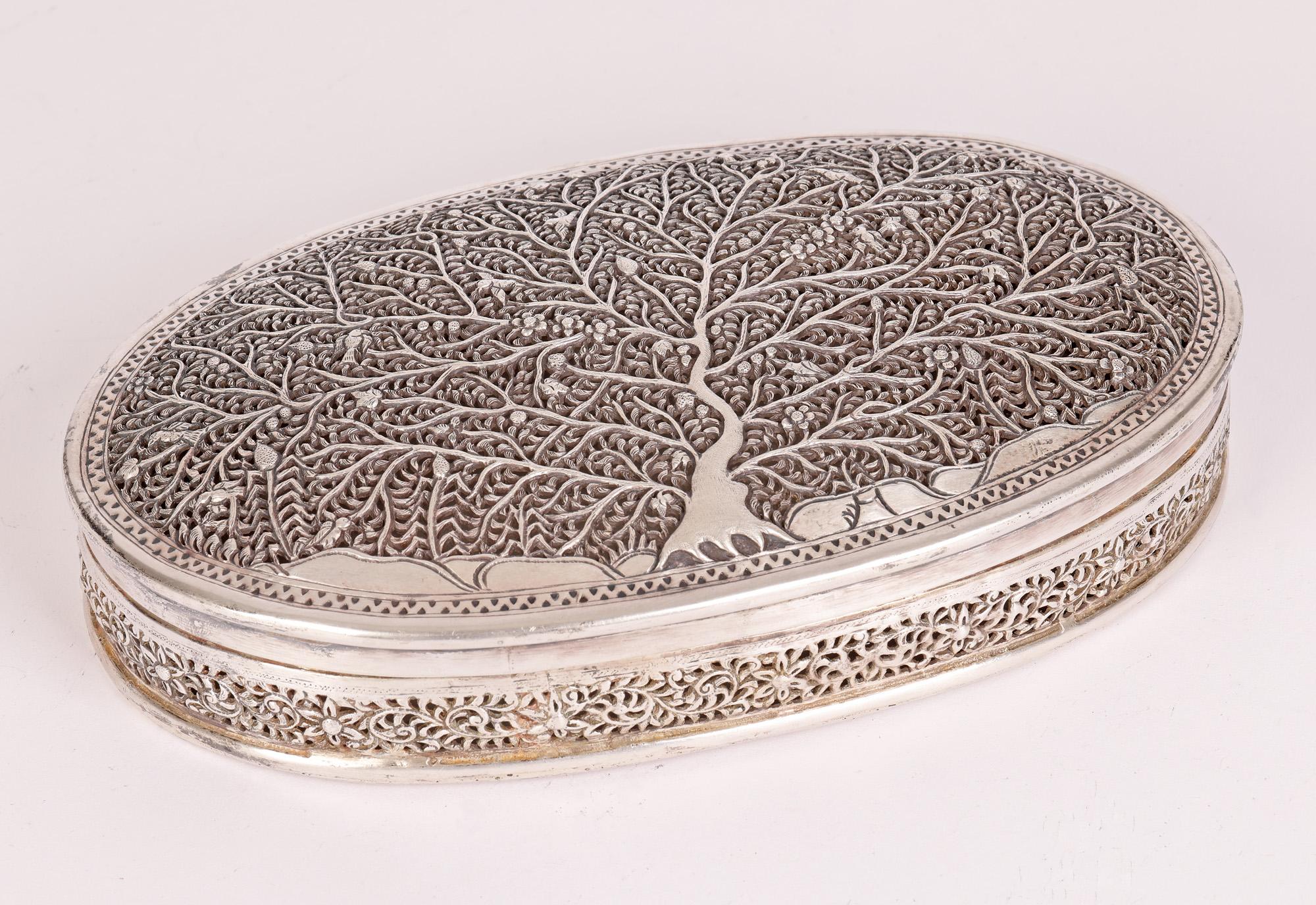 Burmese Silver Tree of Life Oval Lidded Box In Good Condition In Bishop's Stortford, Hertfordshire