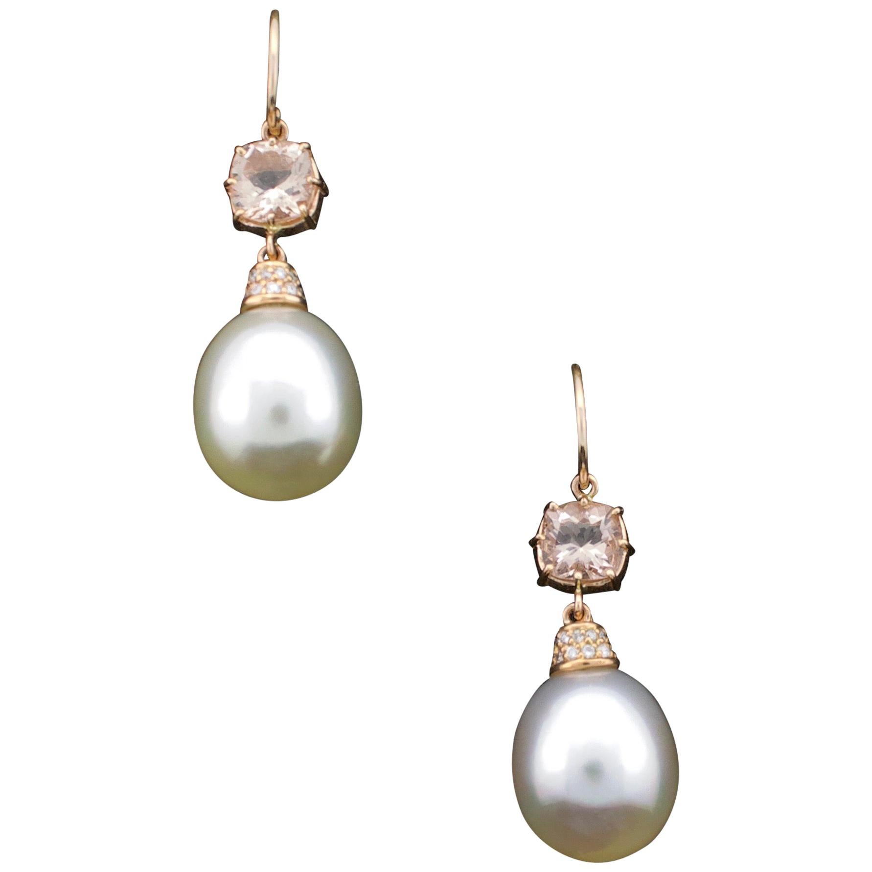 Burmese South Sea Drop Pearl, Morganite and Diamond Earrings in 18 Karat Gold For Sale