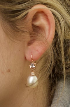 Burmese South Sea Drop Pearl, Morganite and Diamond Earrings in 18 Karat Gold