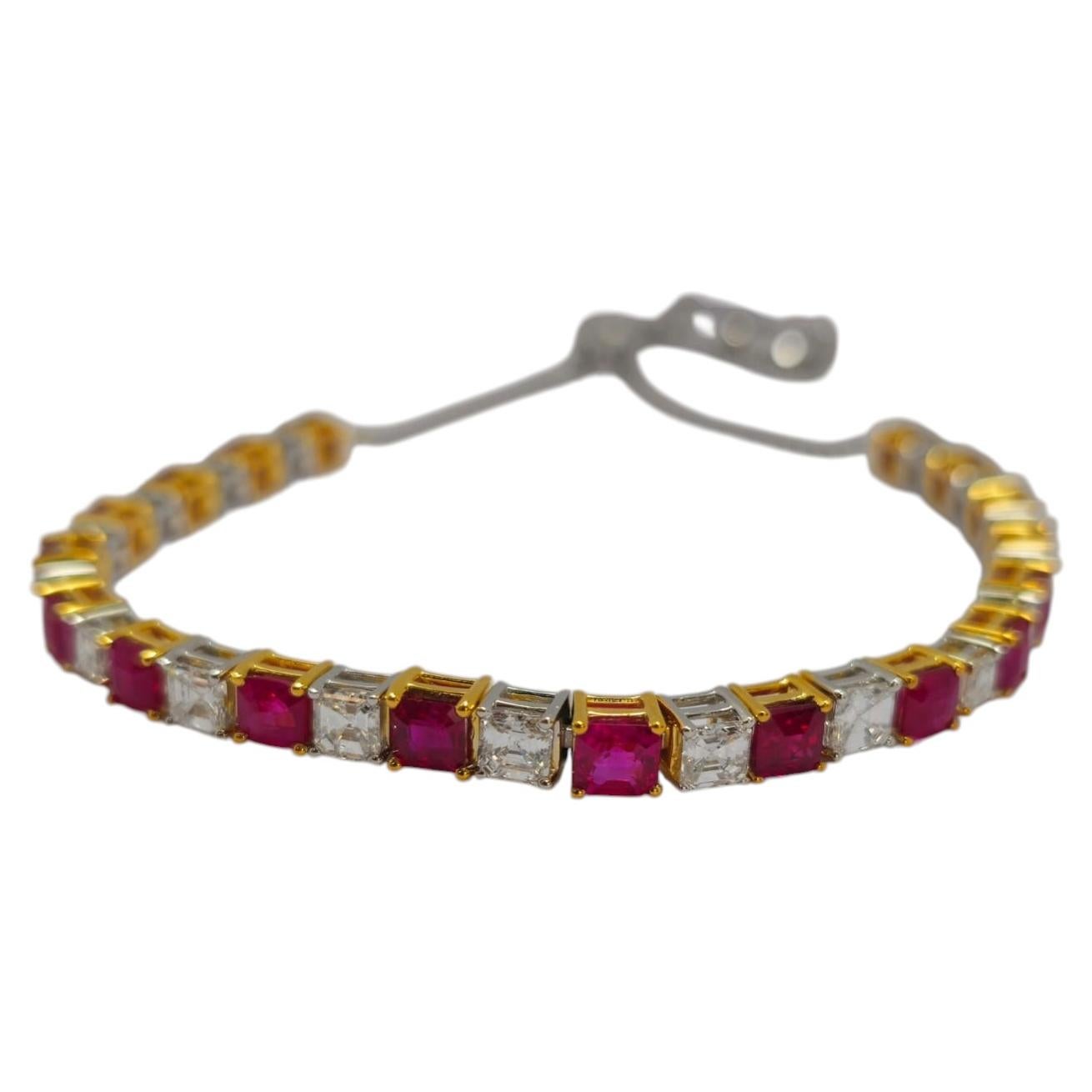 Burmese 18K Gold Art Deco Bracelet with Rubies & Diamonds, Hong Kong For Sale