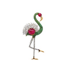 Burmese Spinel Emerald Diamond 18K White Yellow Gold Flamingo Brooch, GIA Cert