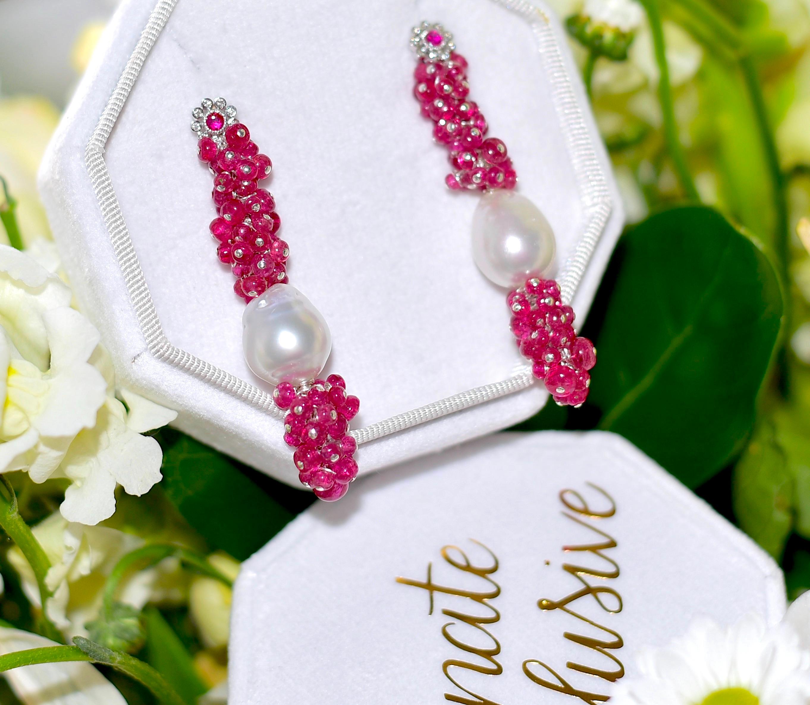 Bohemian luxury! 
If you like originality, long earrings, and a wonderful combination of colors, and pearls, then these earrings are for you! 
The wonderful stud earring post is 14K Solid White Gold with Natural Ruby as decoration. Elegant, unique,