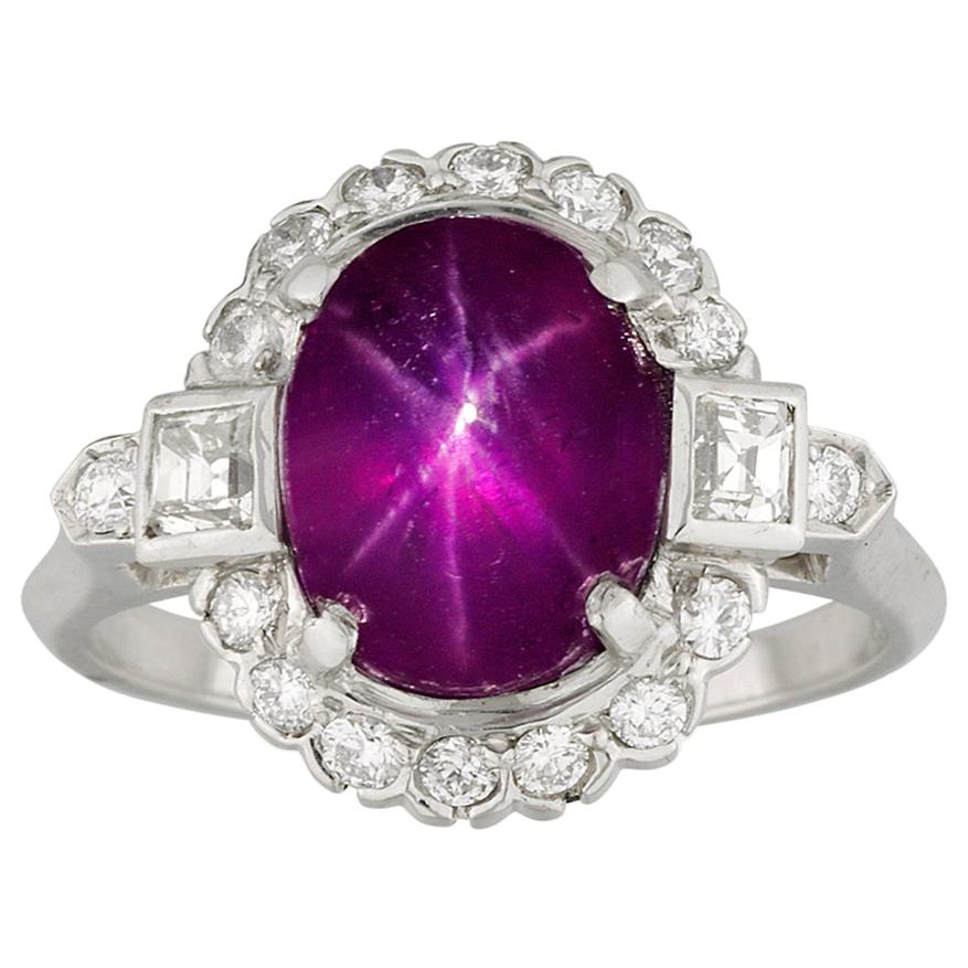 Burmese Star Ruby and Diamond Cluster Ring For Sale