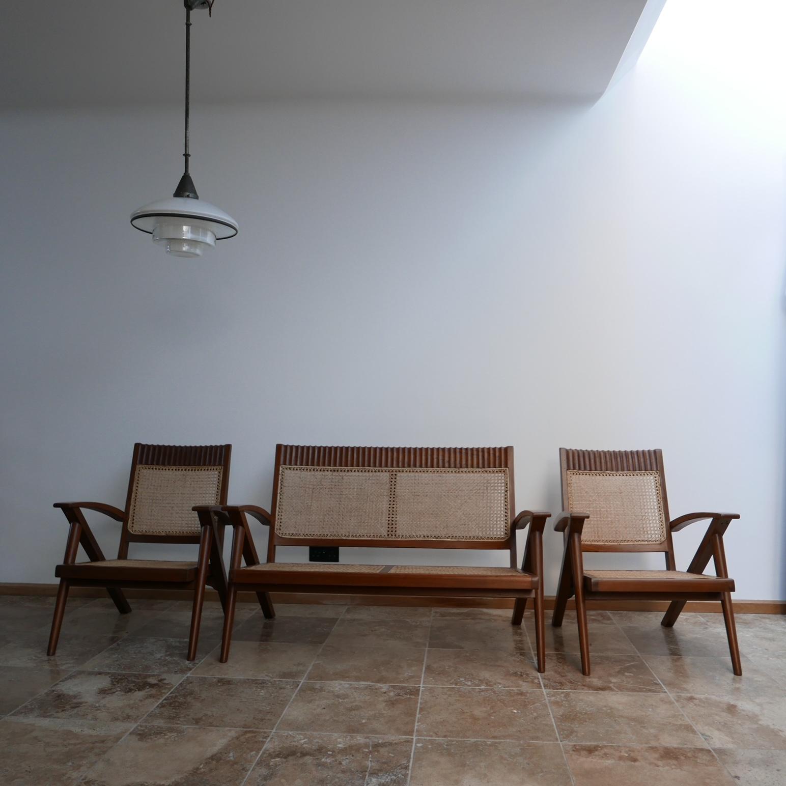 Burmese Teak and Cane Mid-Century Armchair and Sofa Set 7