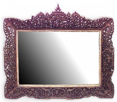 Burmese Teak Wall Mirror with Carved Filigree Frame, Antique 1850