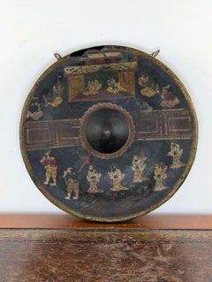 Burmese Temple Gong with Painted Courtly Figures and Bronze Frame, 19th Century