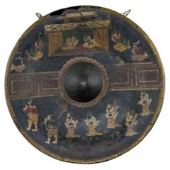 Burmese Temple Gong with Painted Courtly Figures and Bronze Frame, 19th Century