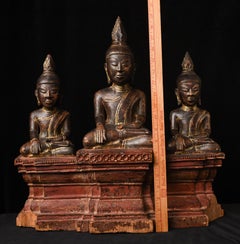Burmese Triple Buddha Sculpture, Teak Wood Carved, 17th/18th Century