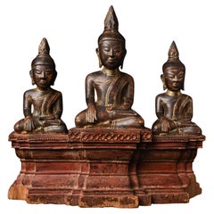 Burmese Triple Buddha Sculpture, Teak Wood Carved, 17th/18th Century