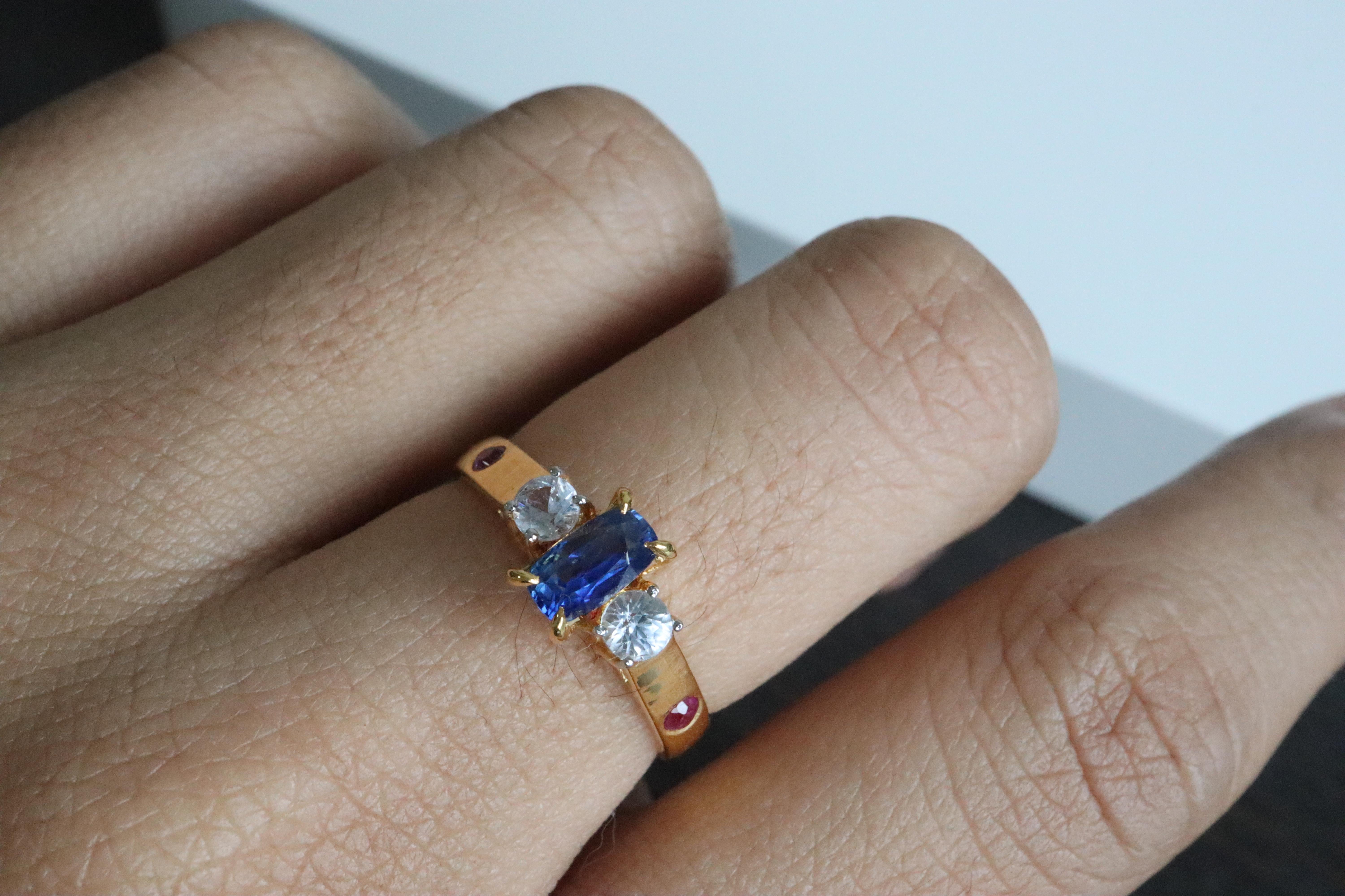 Art Deco Burmese Unheated Blue Sapphire, White Sapphire and Ruby Ring in 18K Yellow Gold For Sale