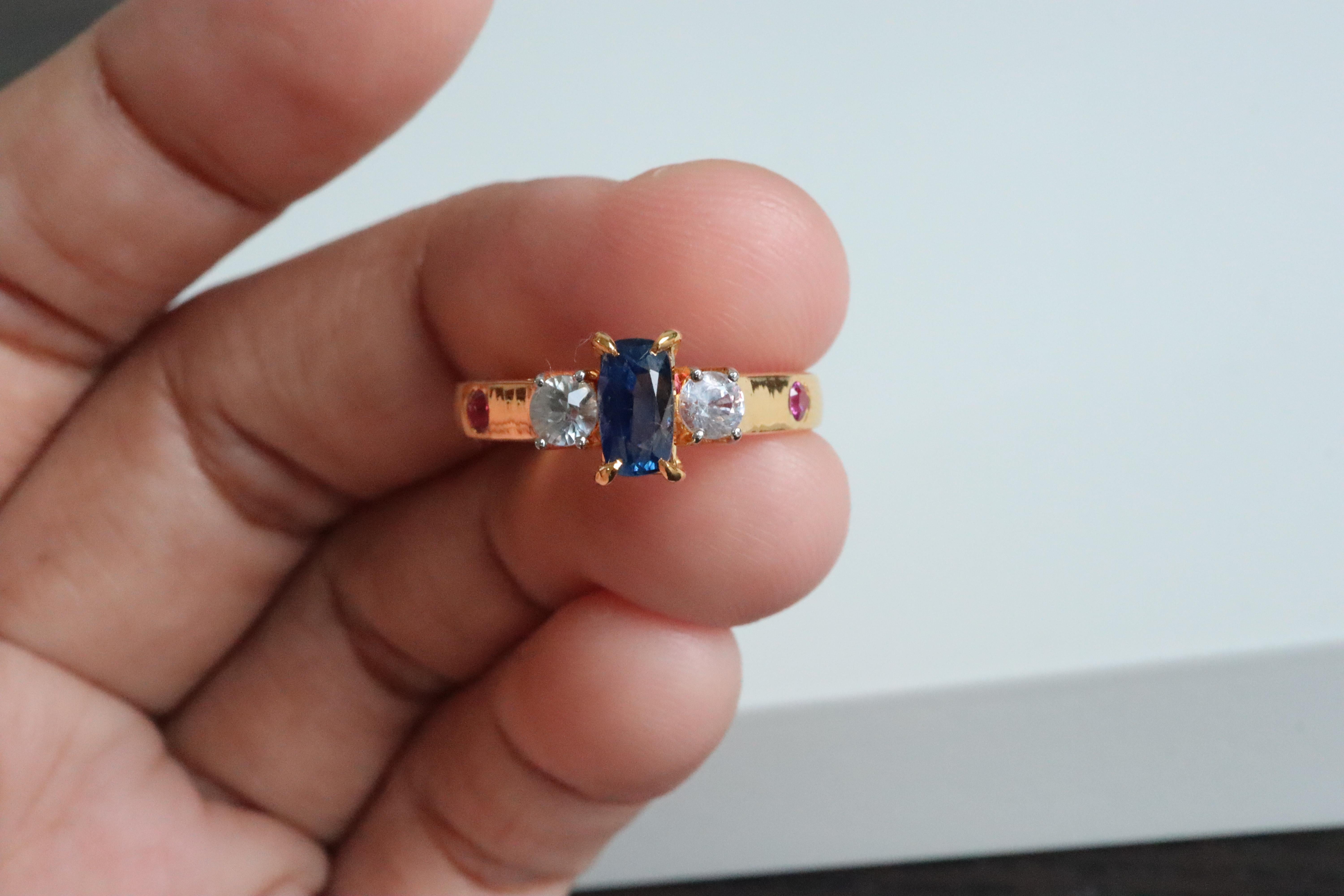 Mixed Cut Burmese Unheated Blue Sapphire, White Sapphire and Ruby Ring in 18K Yellow Gold For Sale