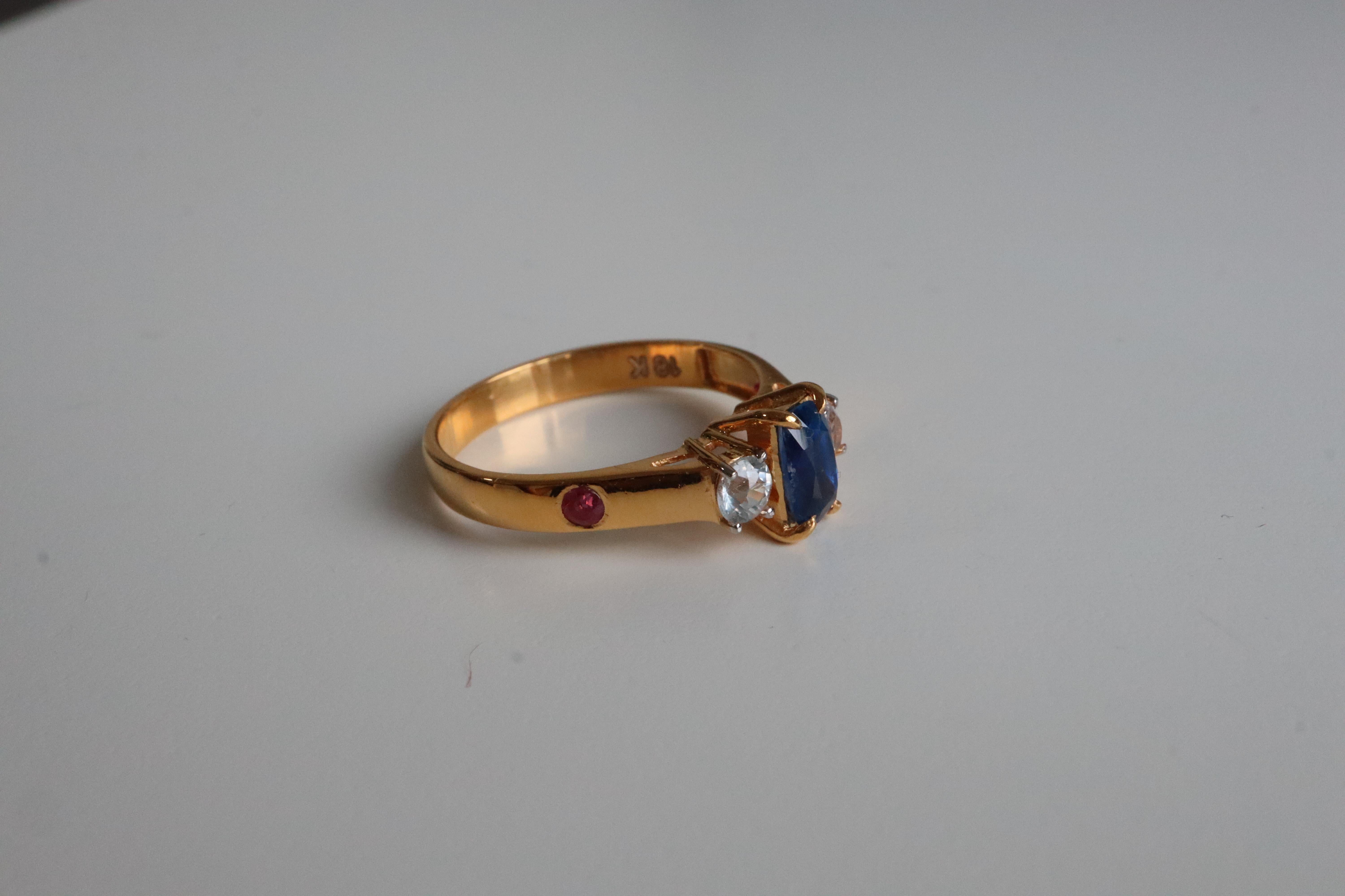 Women's Burmese Unheated Blue Sapphire, White Sapphire and Ruby Ring in 18K Yellow Gold For Sale