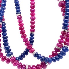Burmese Unheated Ruby and Sapphire Beads White Diamond Gold Necklace