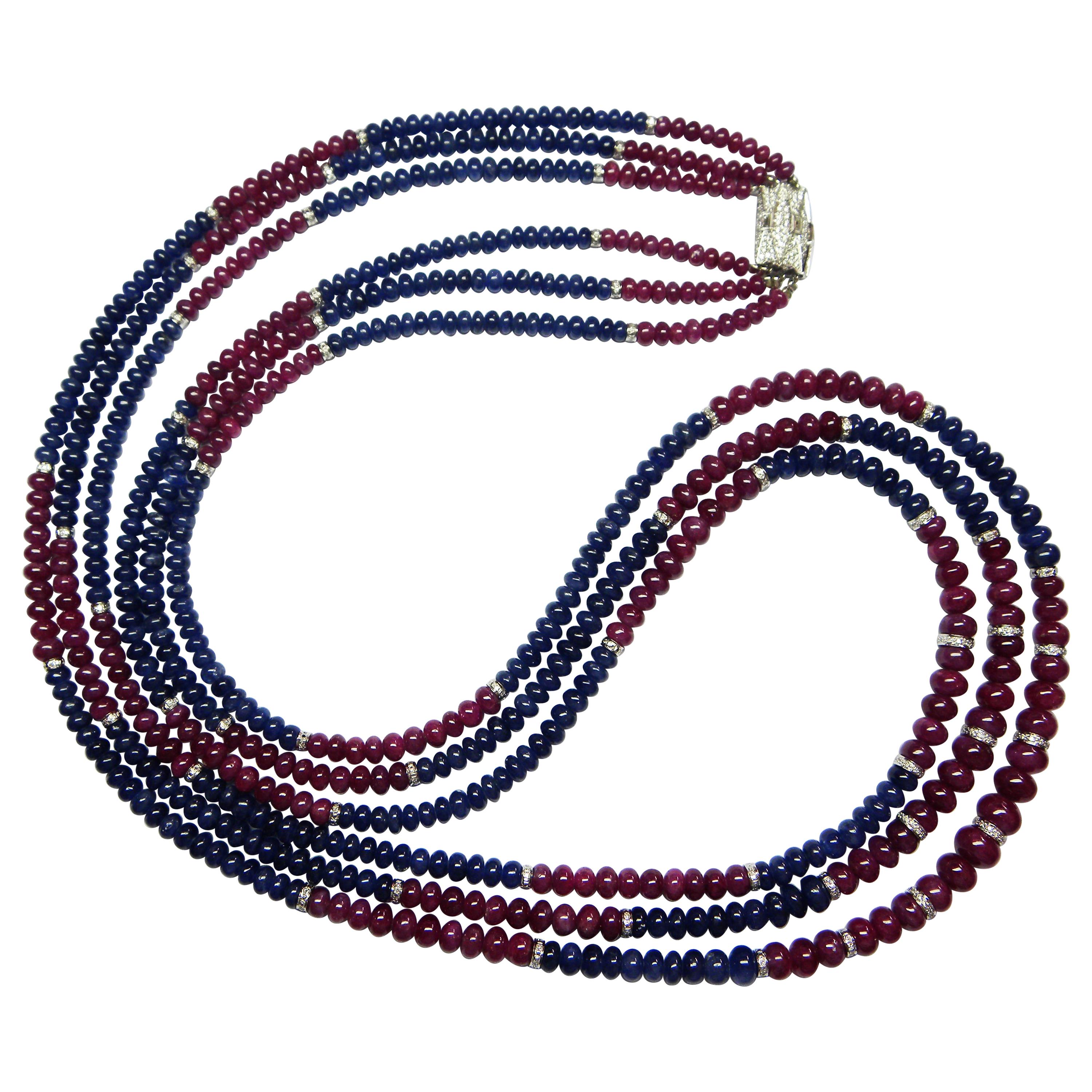 Burmese Unheated Ruby and Sapphire Beads White Diamond Gold Necklace