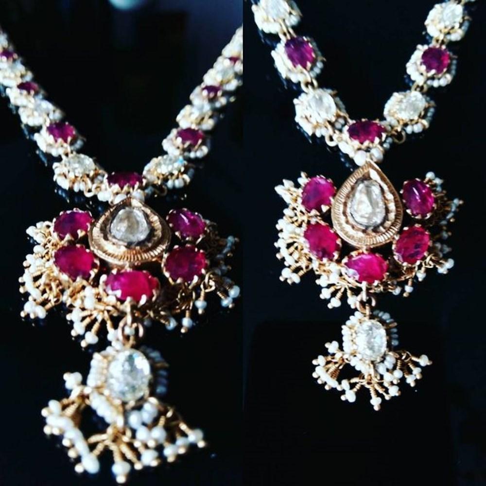 Burmese Untreated, Unheated Ruby, Rose Cut Diamond , Seed Pearl Necklace 19th C. For Sale 4