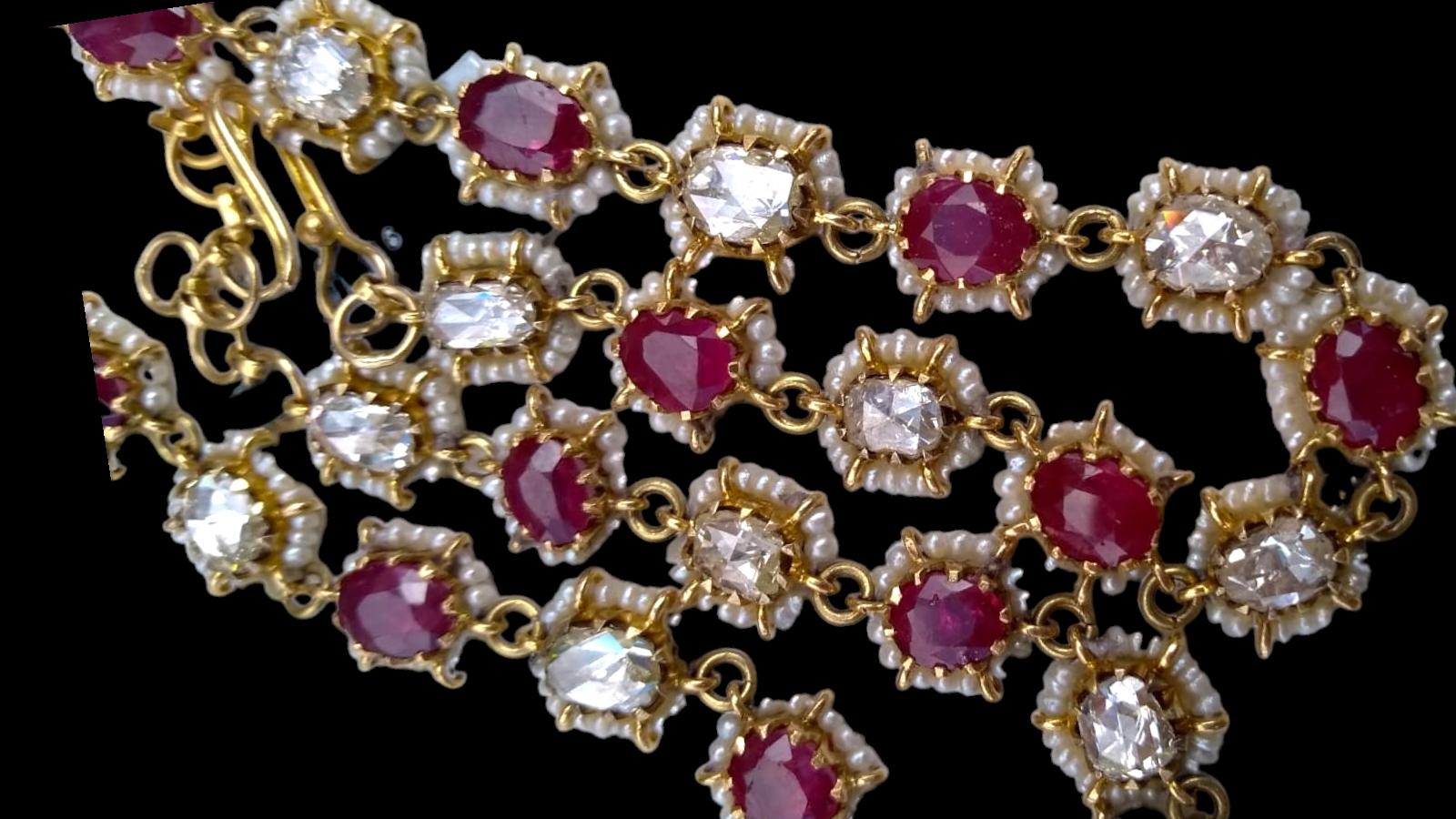 Burmese Untreated, Unheated Ruby, Rose Cut Diamond , Seed Pearl Necklace 19th C. For Sale 5