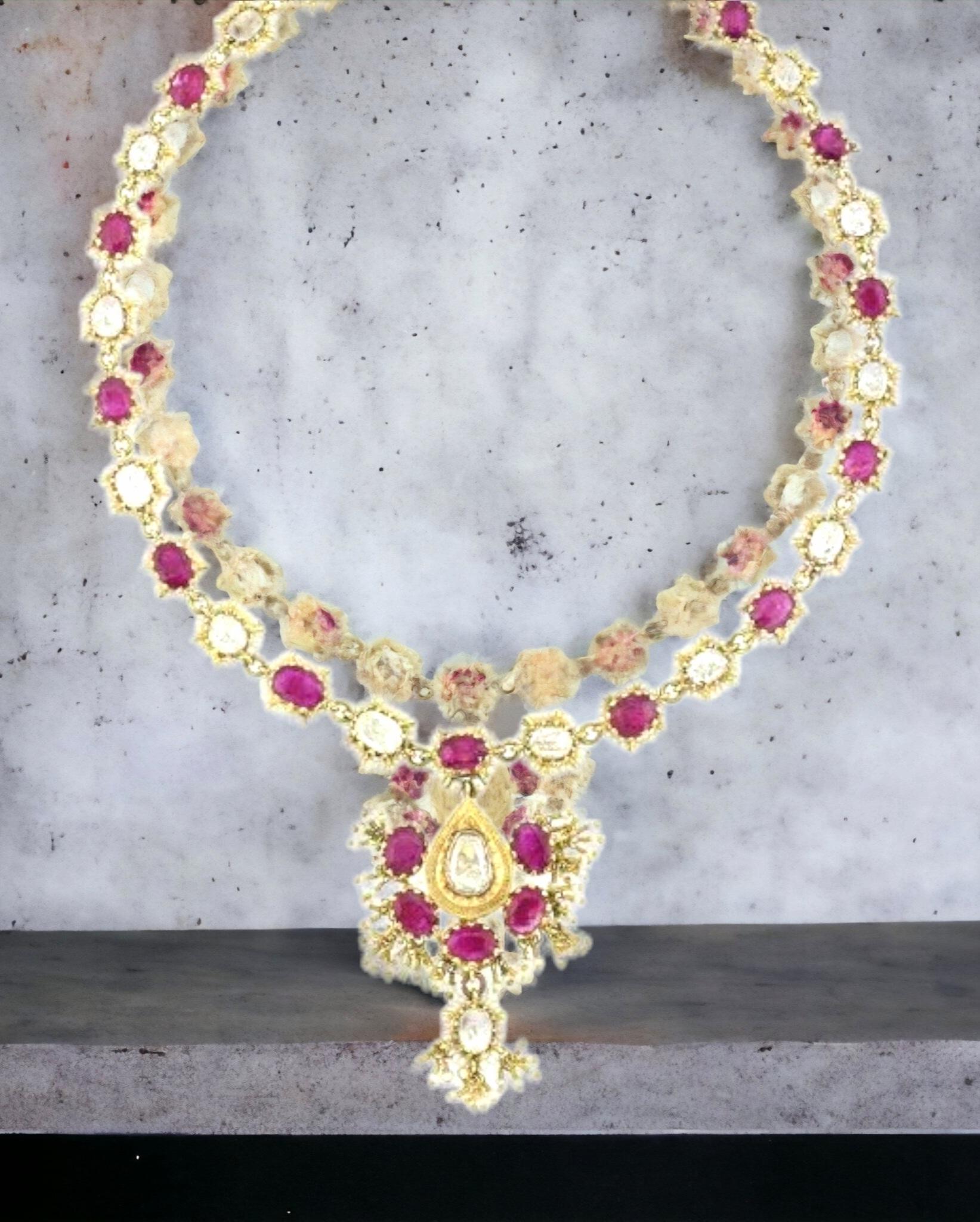 Collier birman en rubis non traité, non chauffé, diamant taille rose, perles de rocaille, 19ème C. en vente 6