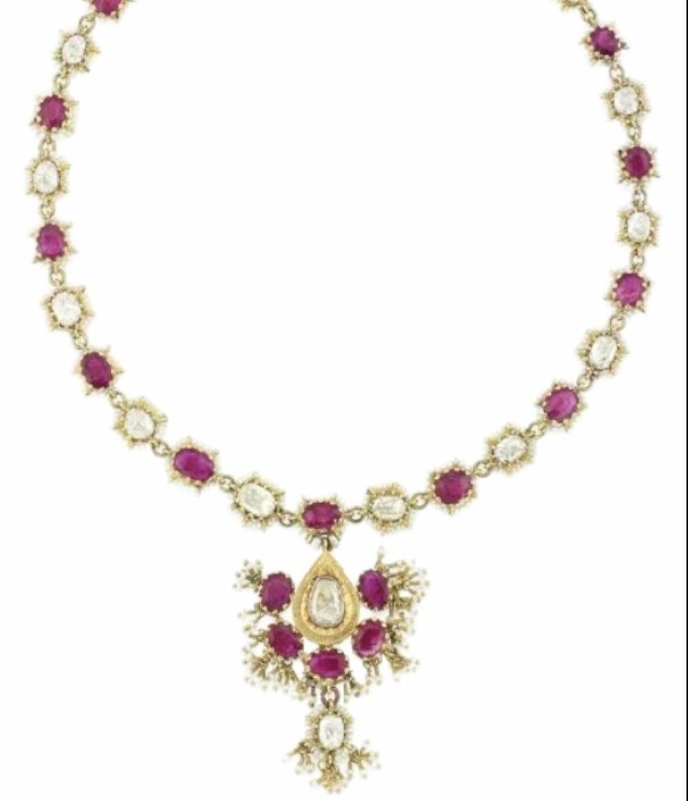Burmese Untreated, Unheated Ruby, Rose Cut Diamond , Seed Pearl Necklace 19th C. For Sale 7