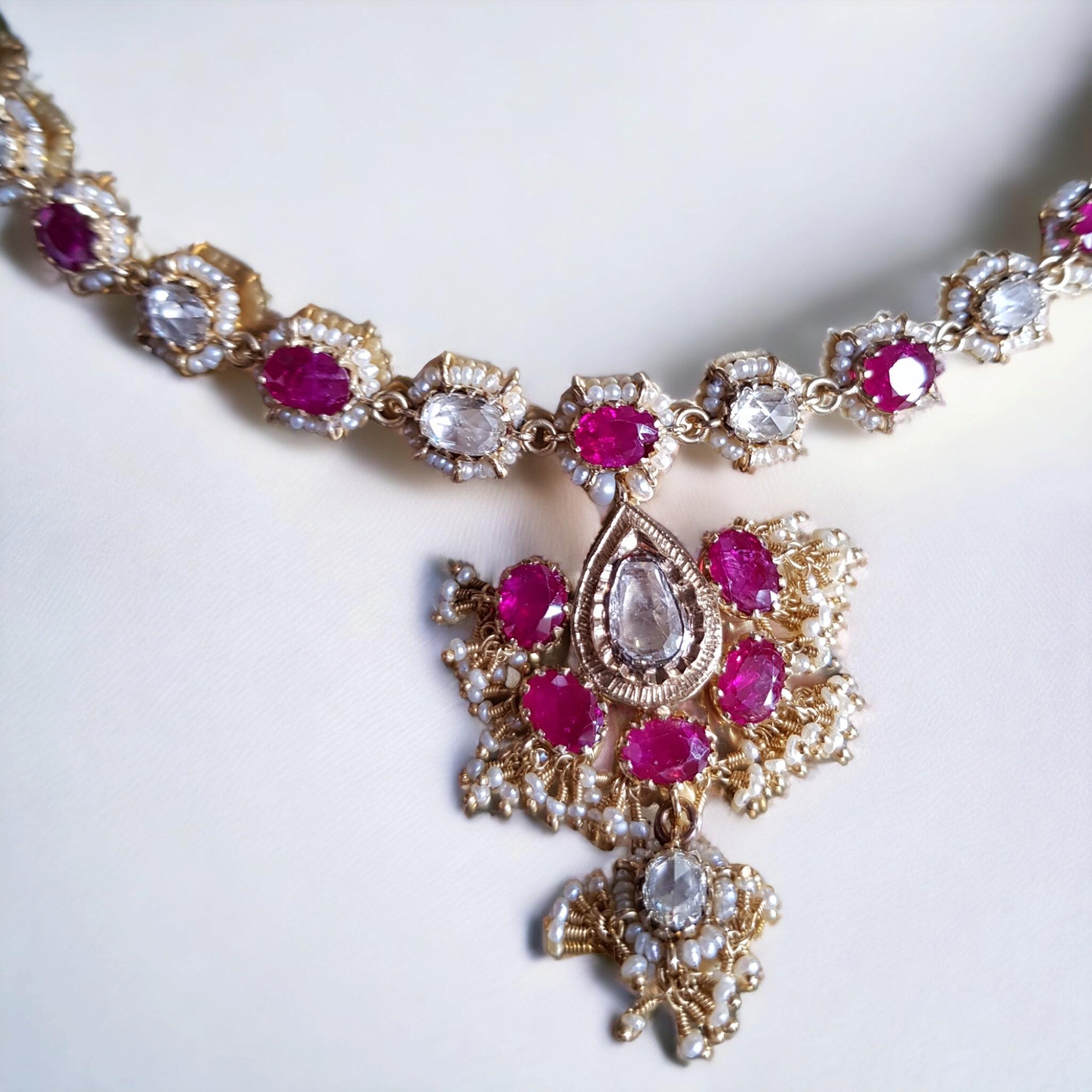 Burmese Untreated, Unheated Ruby, Rose Cut Diamond , Seed Pearl Necklace 19th C. For Sale 9