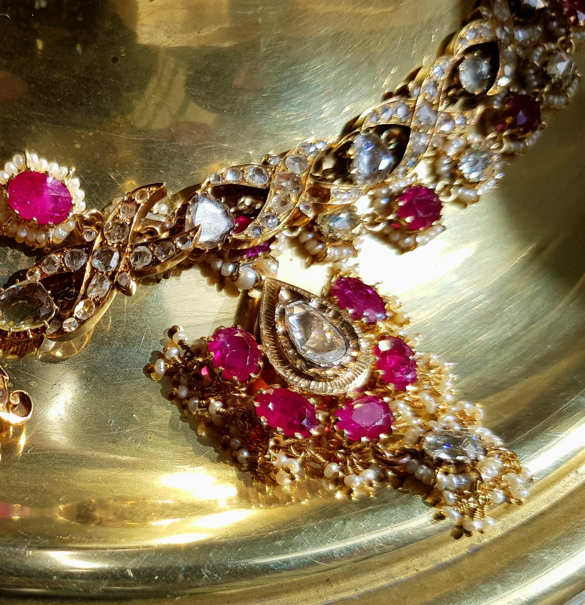 Burmese Untreated, Unheated Ruby, Rose Cut Diamond , Seed Pearl Necklace 19th C. For Sale 10