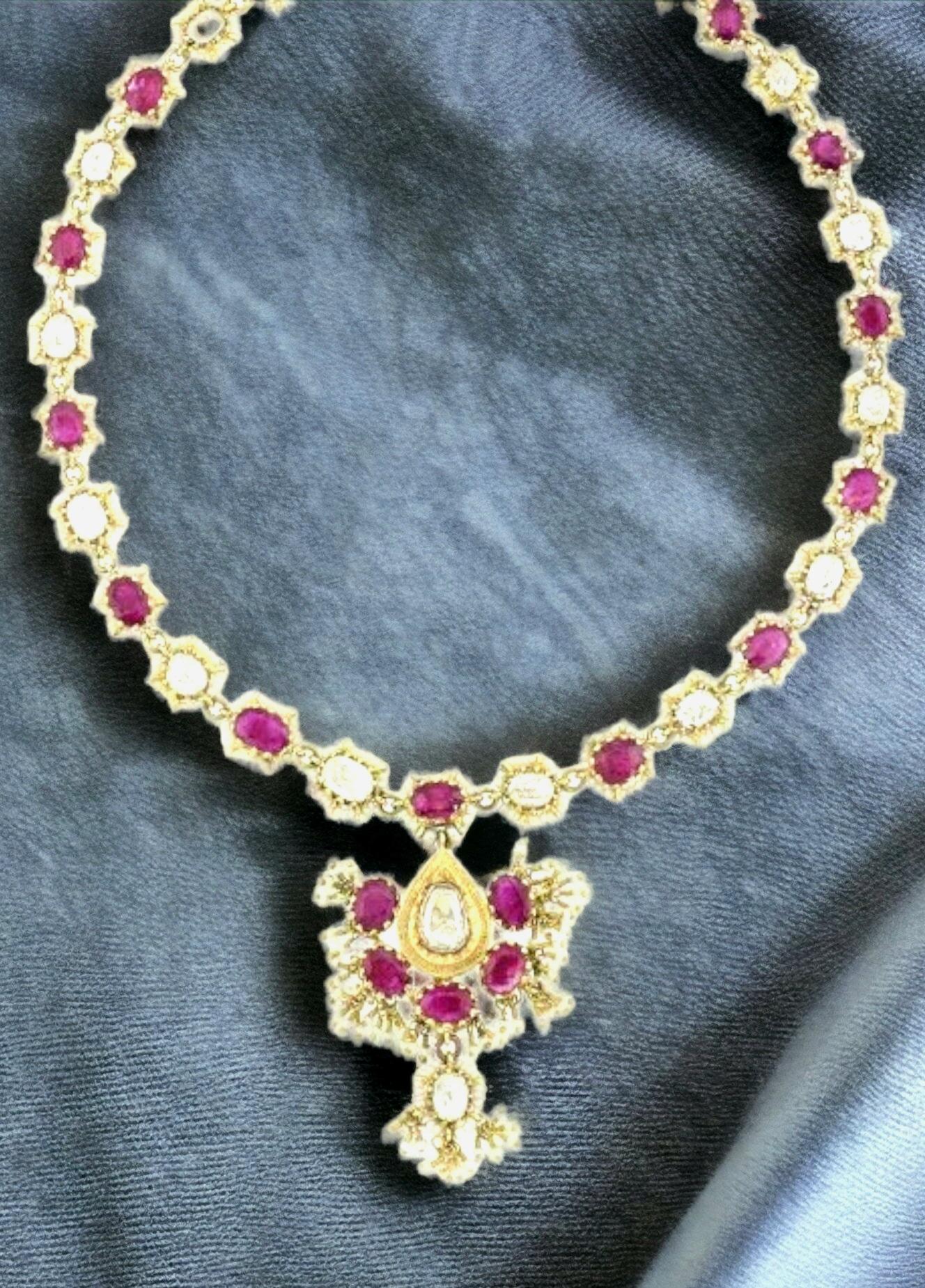 Anglo-indien Collier birman en rubis non traité, non chauffé, diamant taille rose, perles de rocaille, 19ème C. en vente