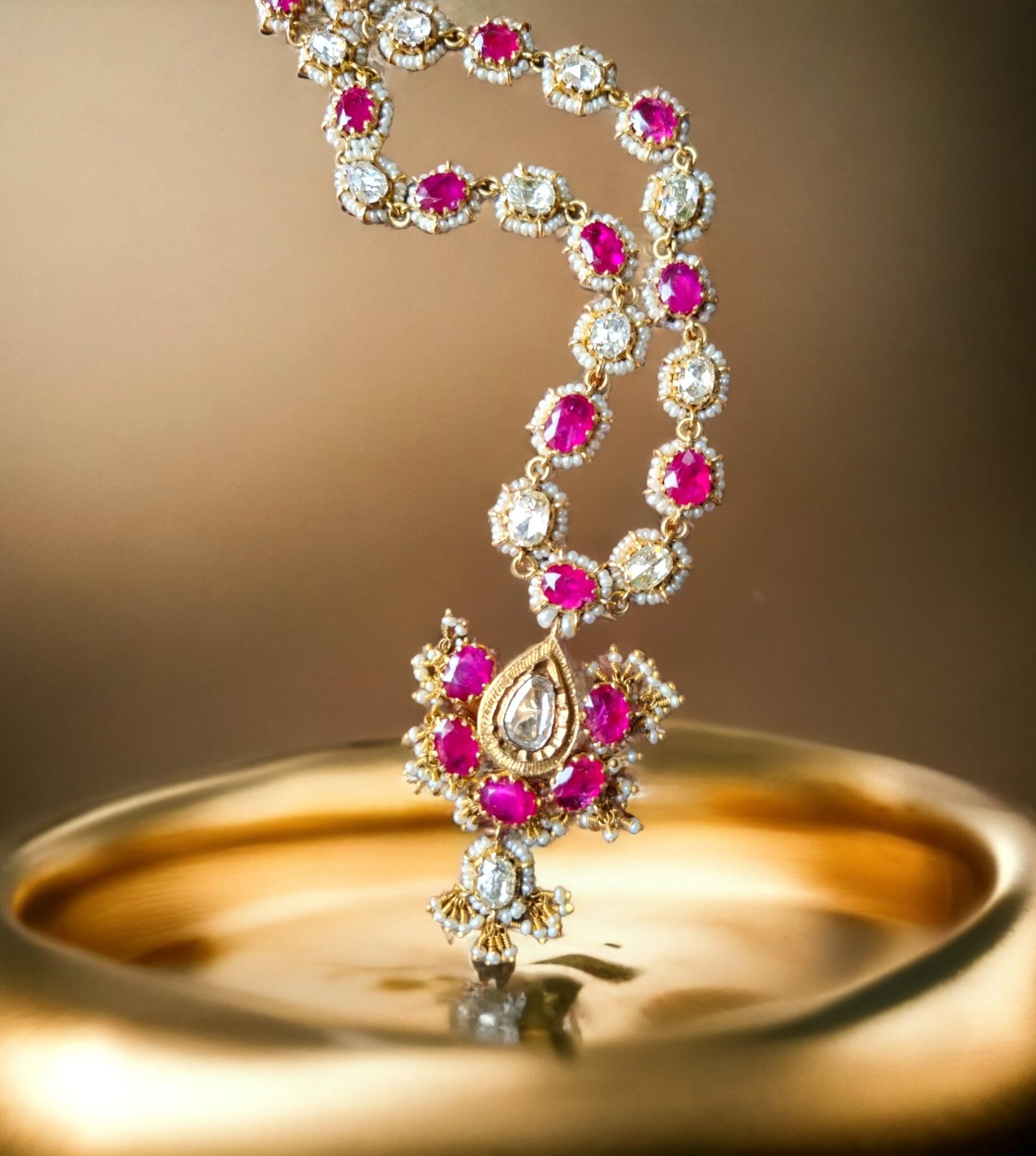 Oval Cut Burmese Untreated, Unheated Ruby, Rose Cut Diamond , Seed Pearl Necklace 19th C. For Sale