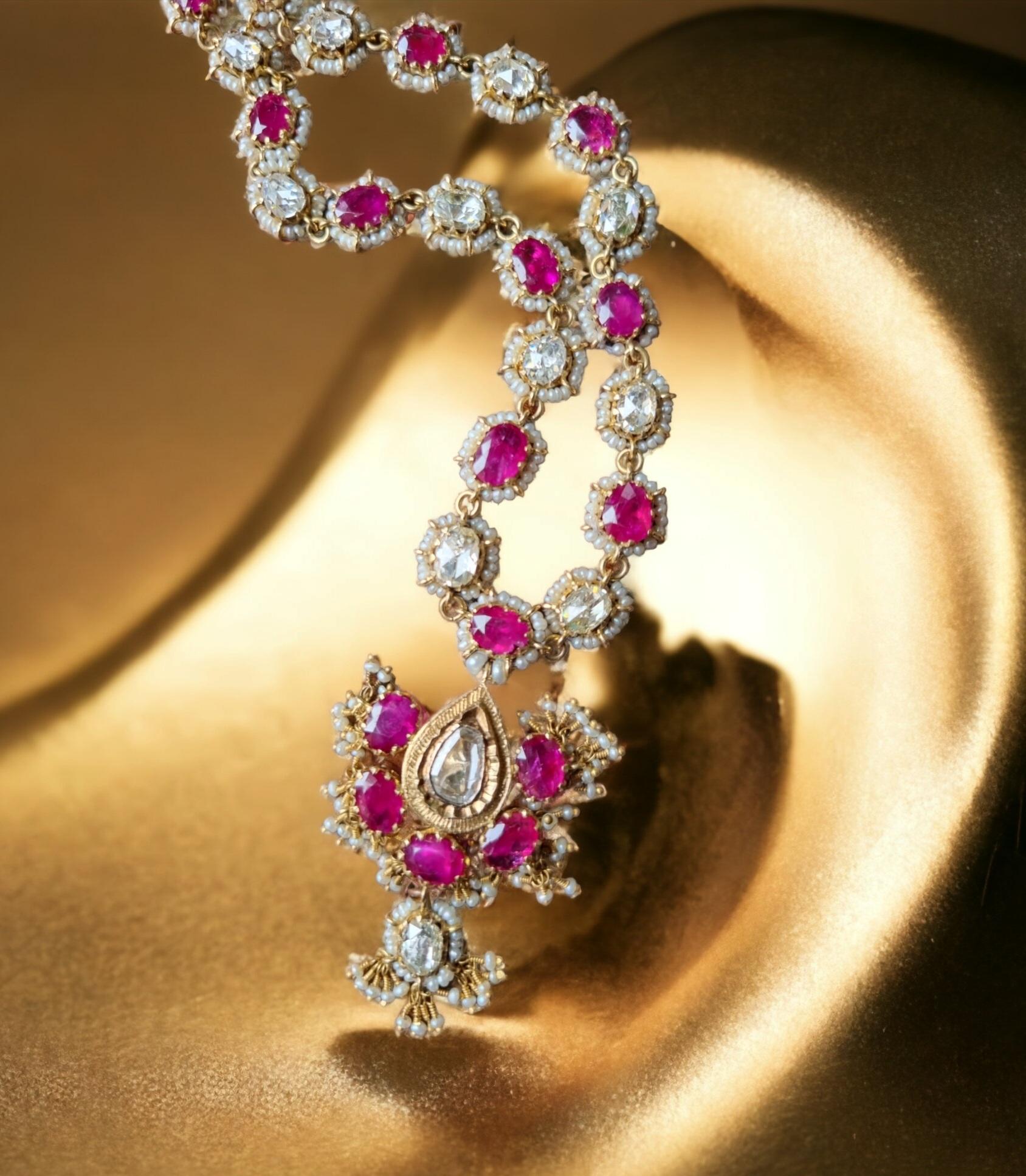 Collier birman en rubis non traité, non chauffé, diamant taille rose, perles de rocaille, 19ème C. en vente 2