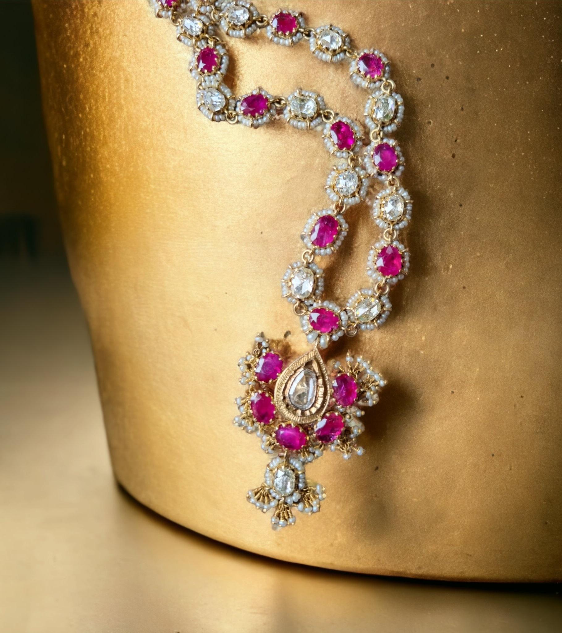 Collier birman en rubis non traité, non chauffé, diamant taille rose, perles de rocaille, 19ème C. en vente 3