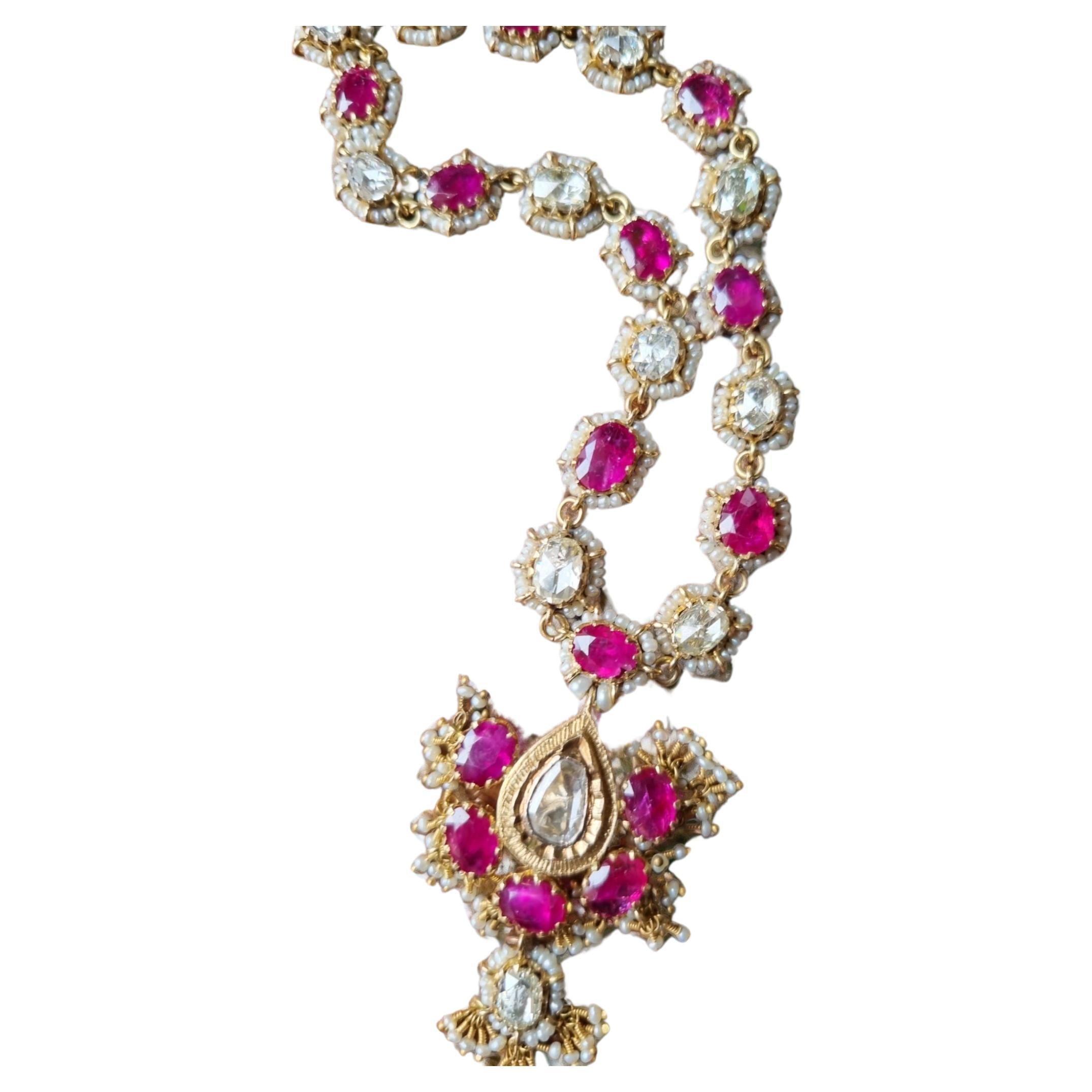 Burmese Untreated, Unheated Ruby, Rose Cut Diamond , Seed Pearl Necklace 19th C. For Sale