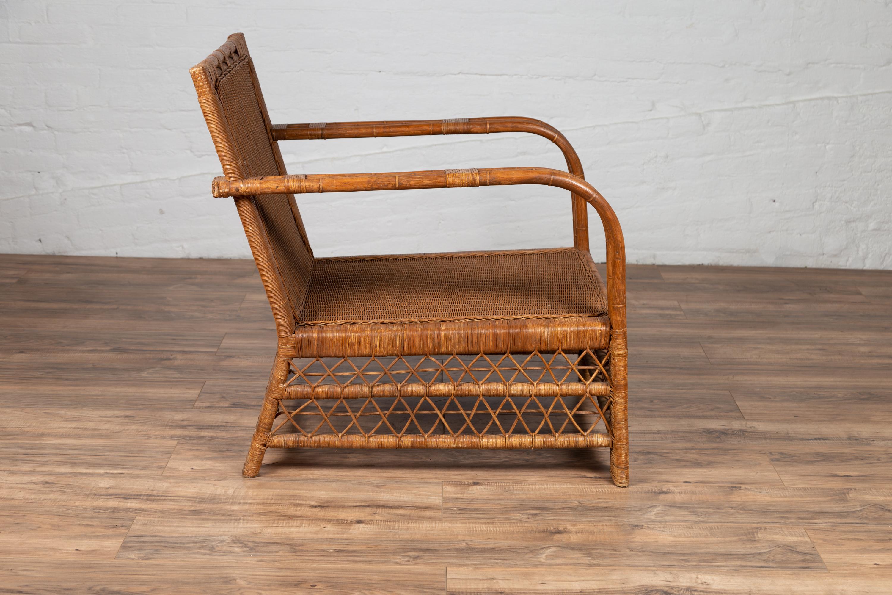 Burmese Vintage Bamboo and Rattan Plantation Lounge Chair with Trellis Accents 4