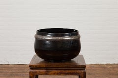 Burmese Vintage Black Lacquer Bowl with Silver Toned Frieze of Palmettes