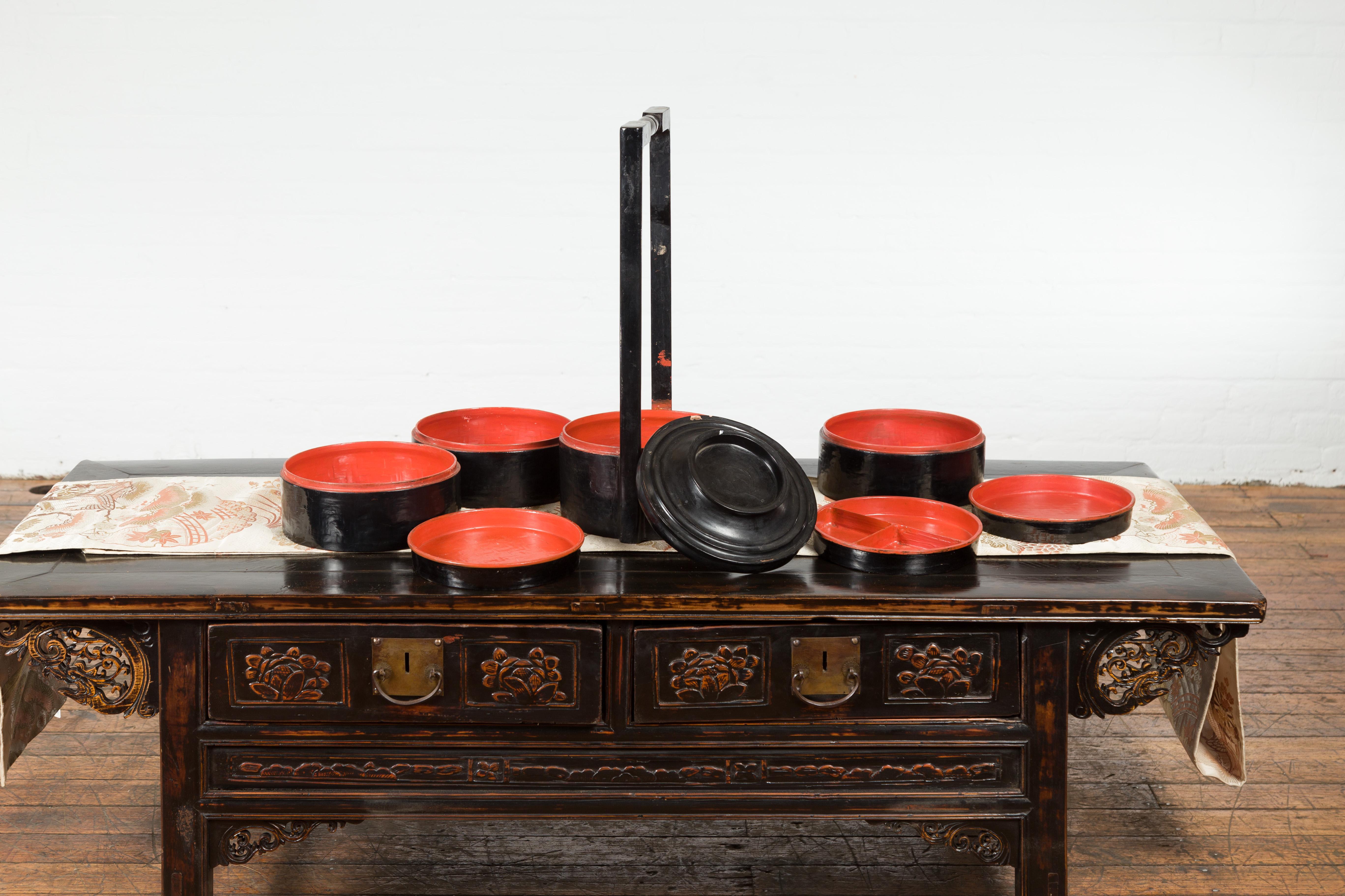 20th Century Burmese Vintage Black Lacquered Picnic Basket with Seven Individual Compartments