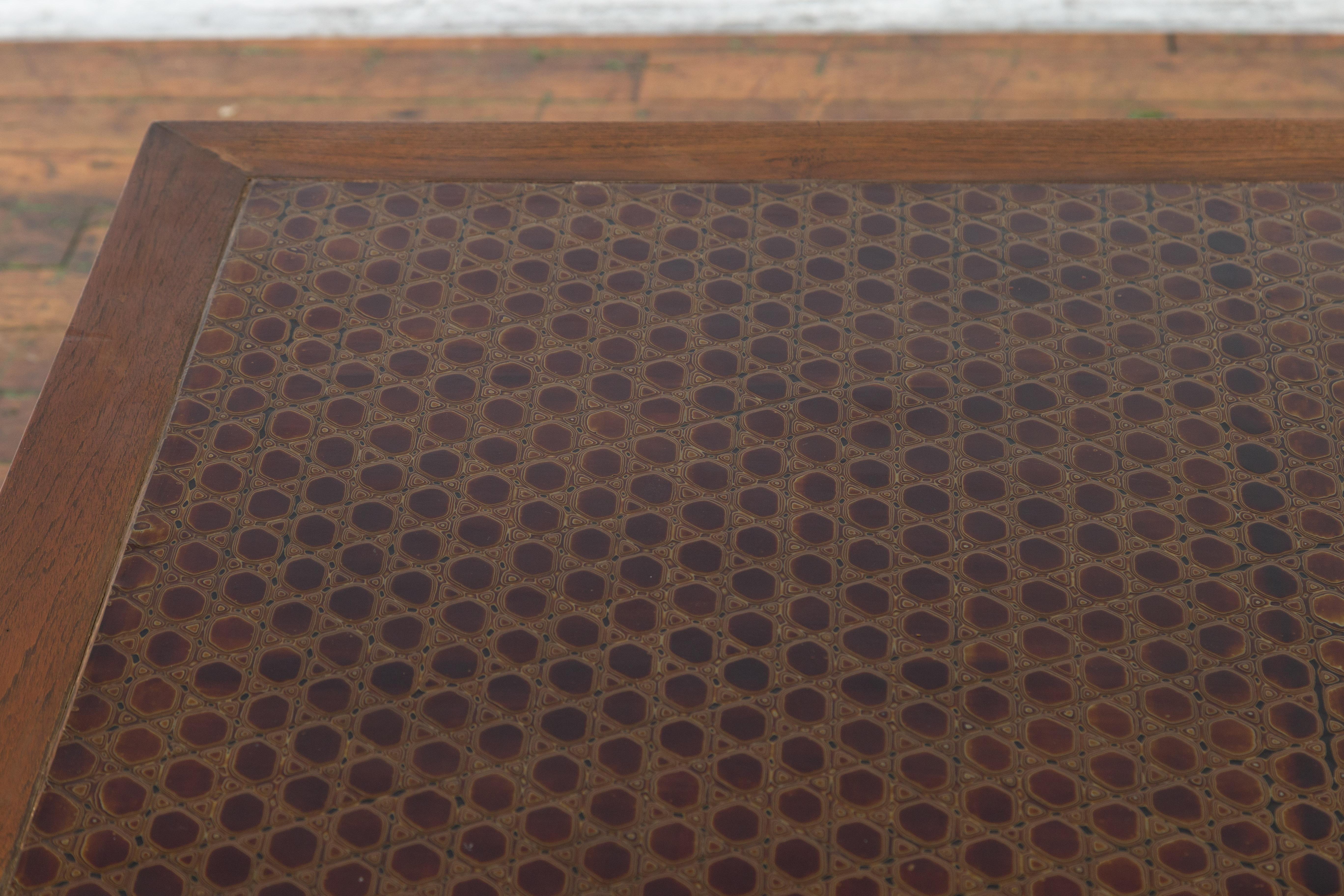 Vintage Brown Wood Low Coffee Table with Negora Lacquer Inset Top For Sale 4