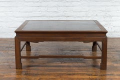 Vintage Brown Wood Low Coffee Table with Negora Lacquer Inset Top