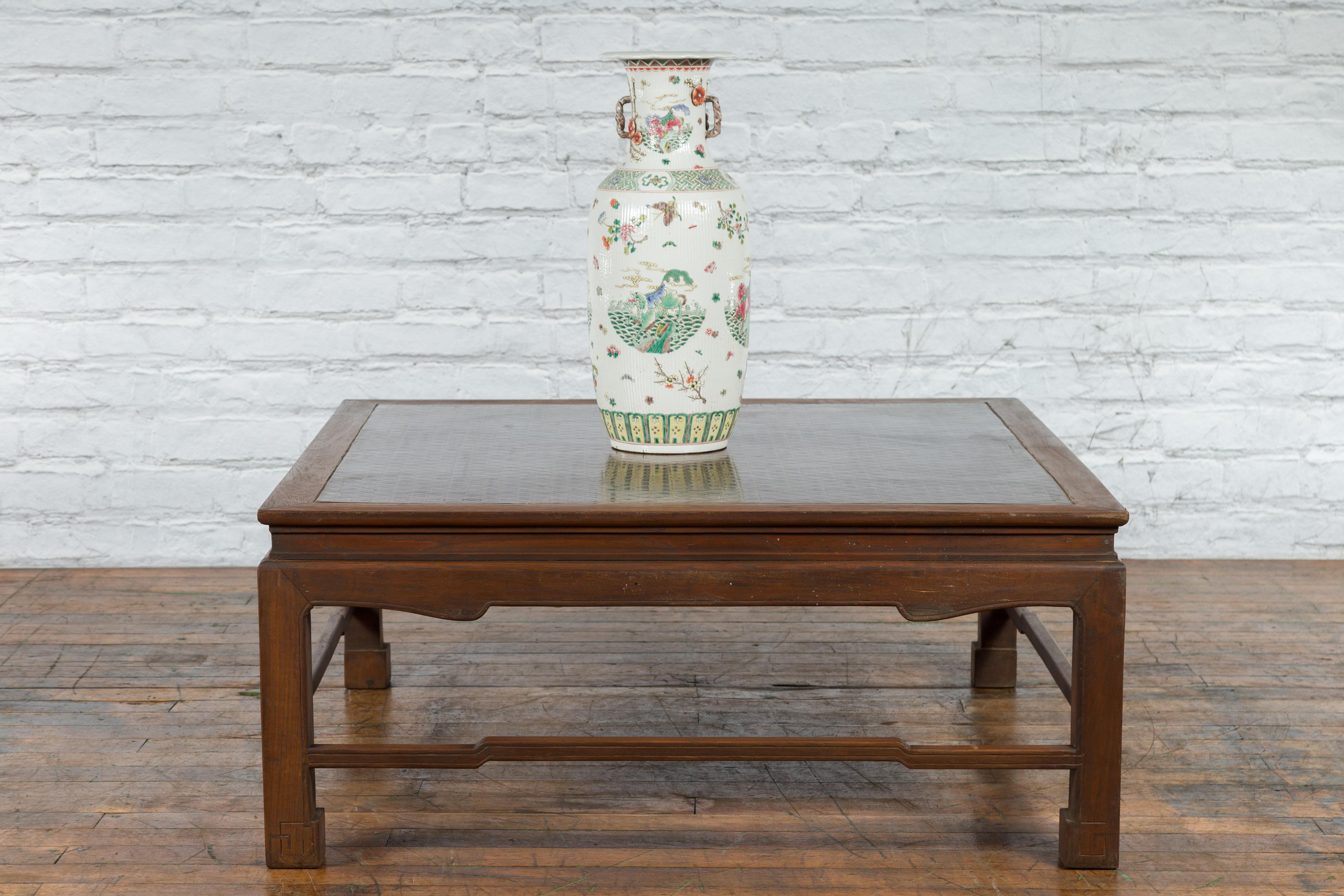 Carved Burmese Vintage Brown Wood Low Coffee Table with Negora Lacquer Inset Top For Sale