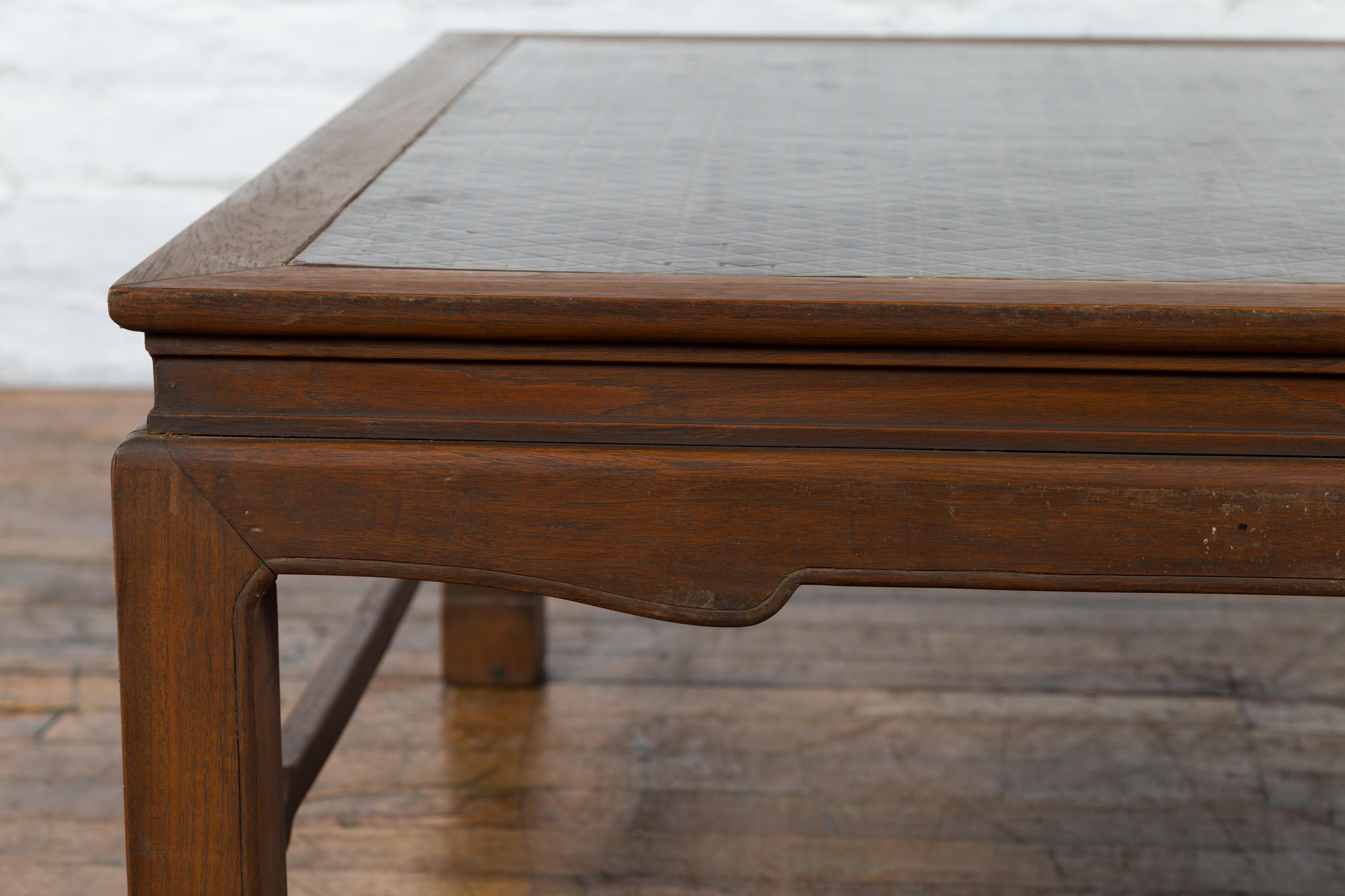 Burmese Vintage Brown Wood Low Coffee Table with Negora Lacquer Inset Top For Sale 2