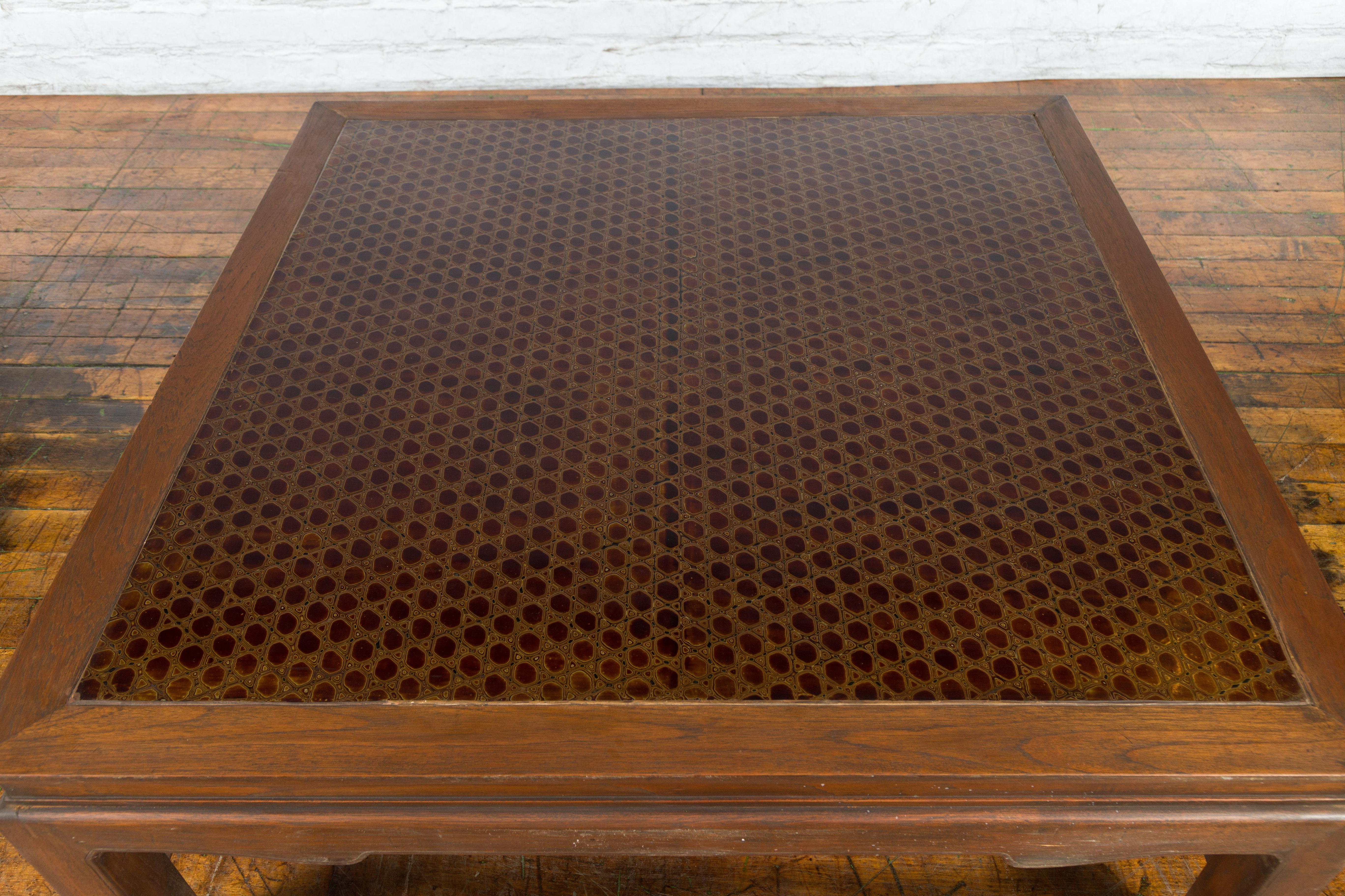 Burmese Vintage Brown Wood Low Coffee Table with Negora Lacquer Inset Top For Sale 4