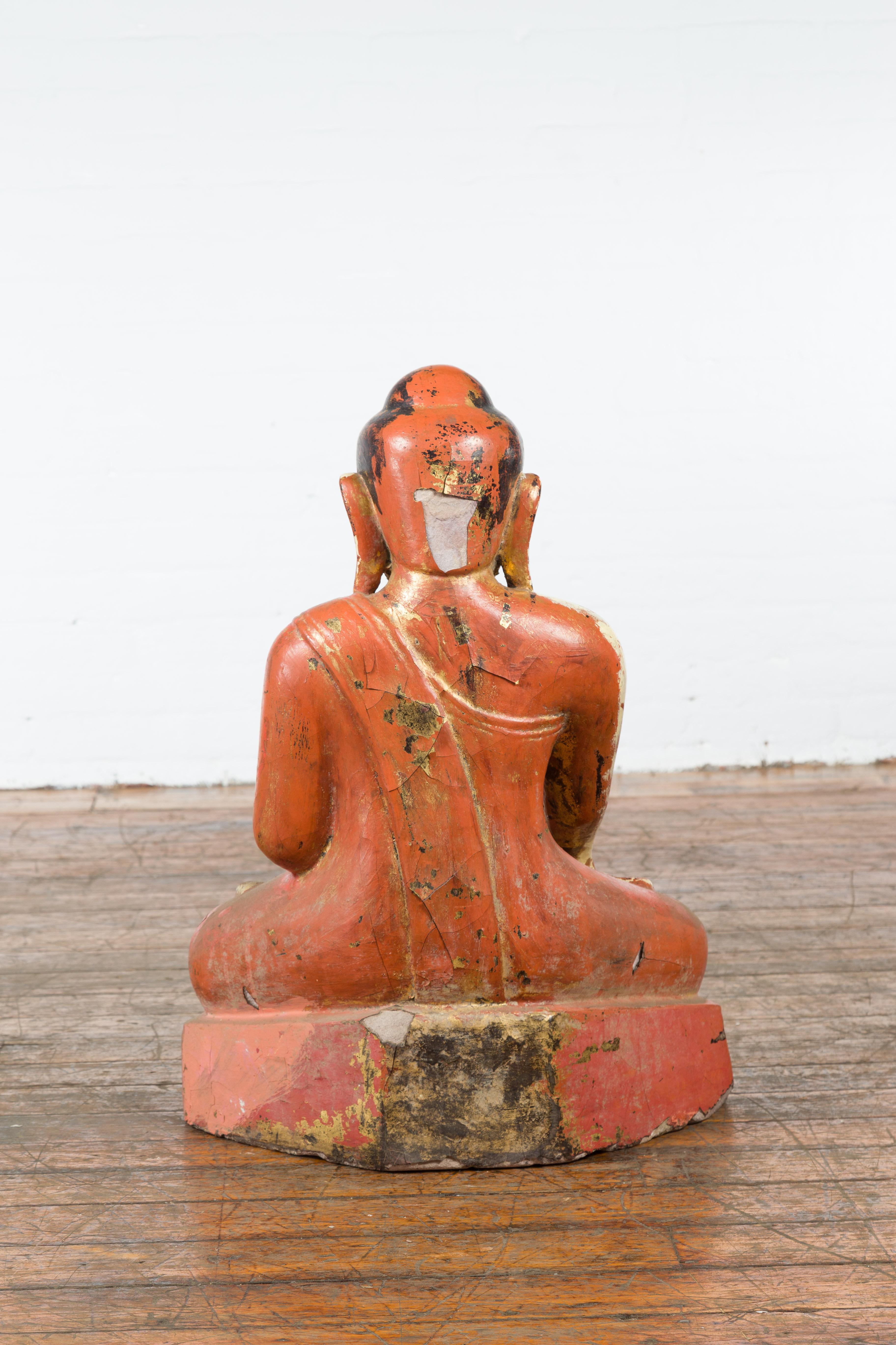 Burmese Vintage Lacquer over Stone Seated Buddha Calling the Earth to Witness 4
